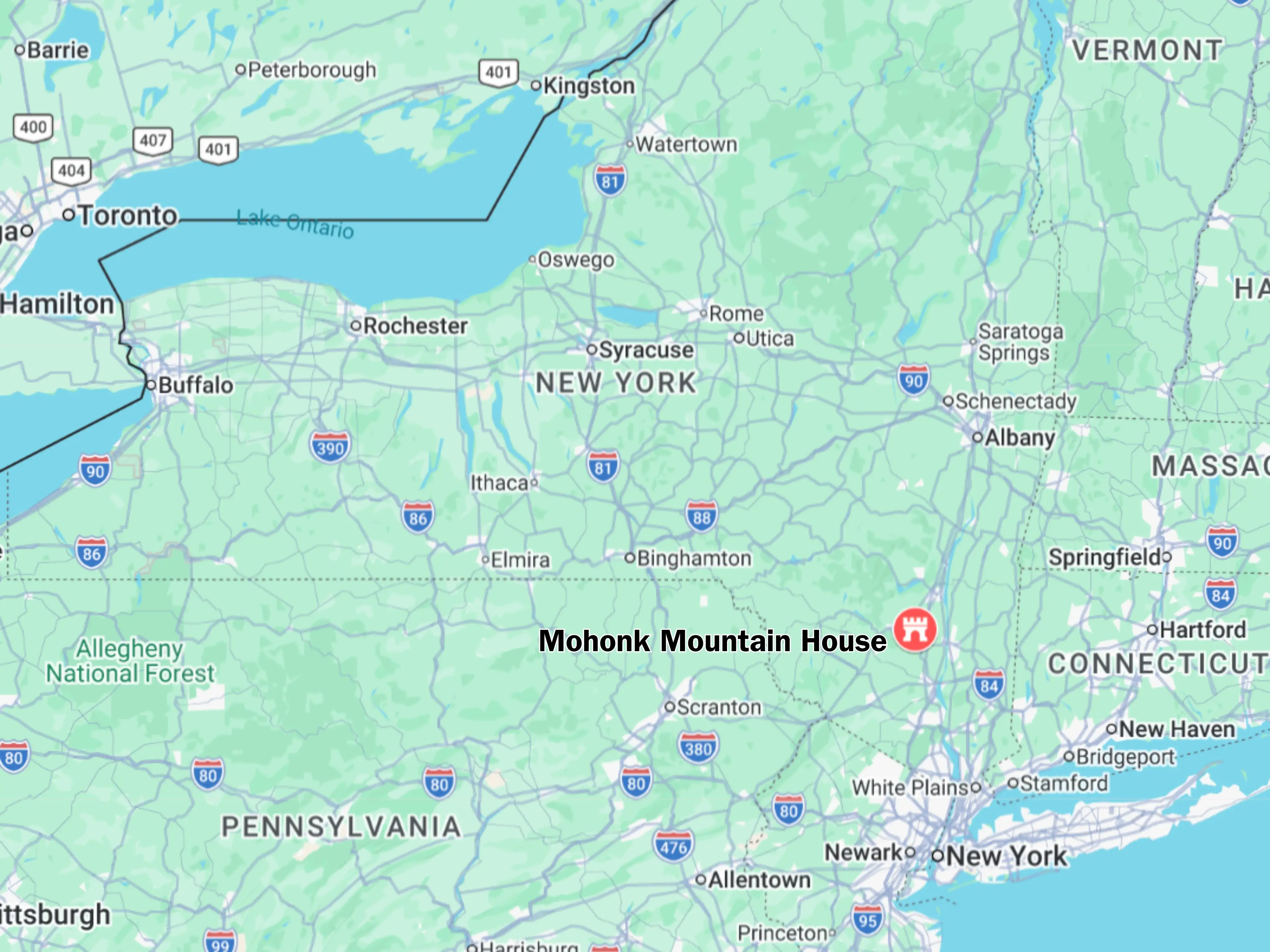 Map of New York and nearby states highlighting Mohonk Mountain House with a red castle marker.