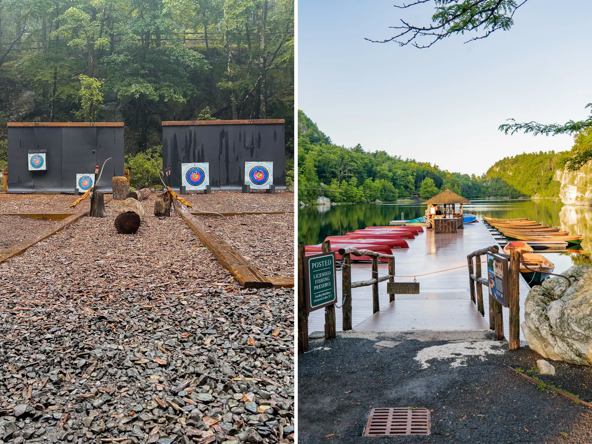 Outdoor archery targets and a lakeside dock with boats appear in a wooded recreation area.