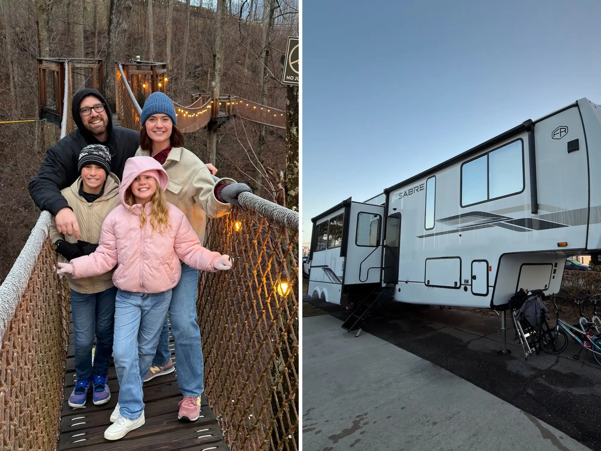 Four people pose on a lit rope bridge beside a white SABRE fifth-wheel RV in a split outdoor collage.