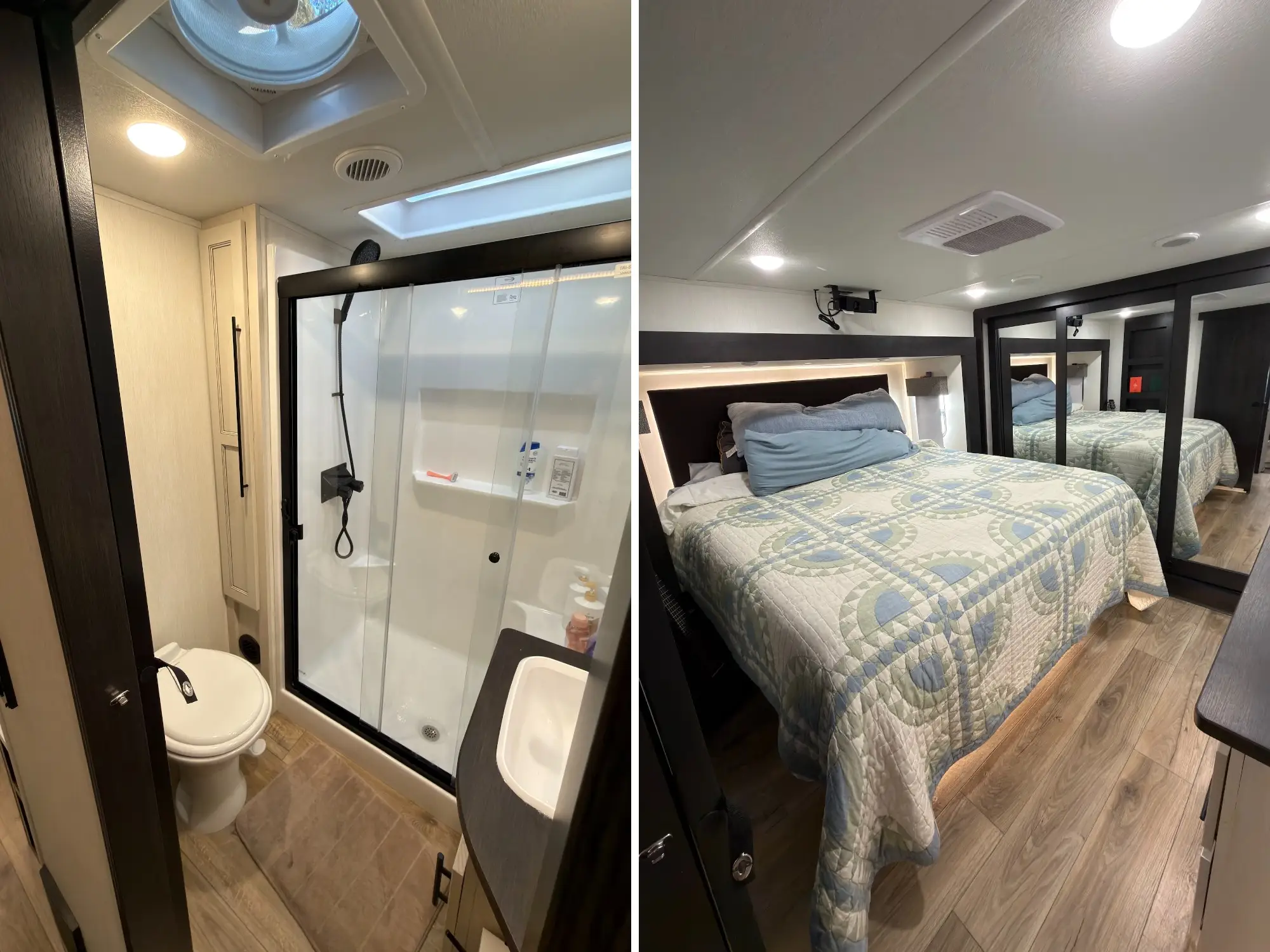 Split view of a compact RV bathroom with shower and toilet beside a bedroom with a bed and mirrored closet.