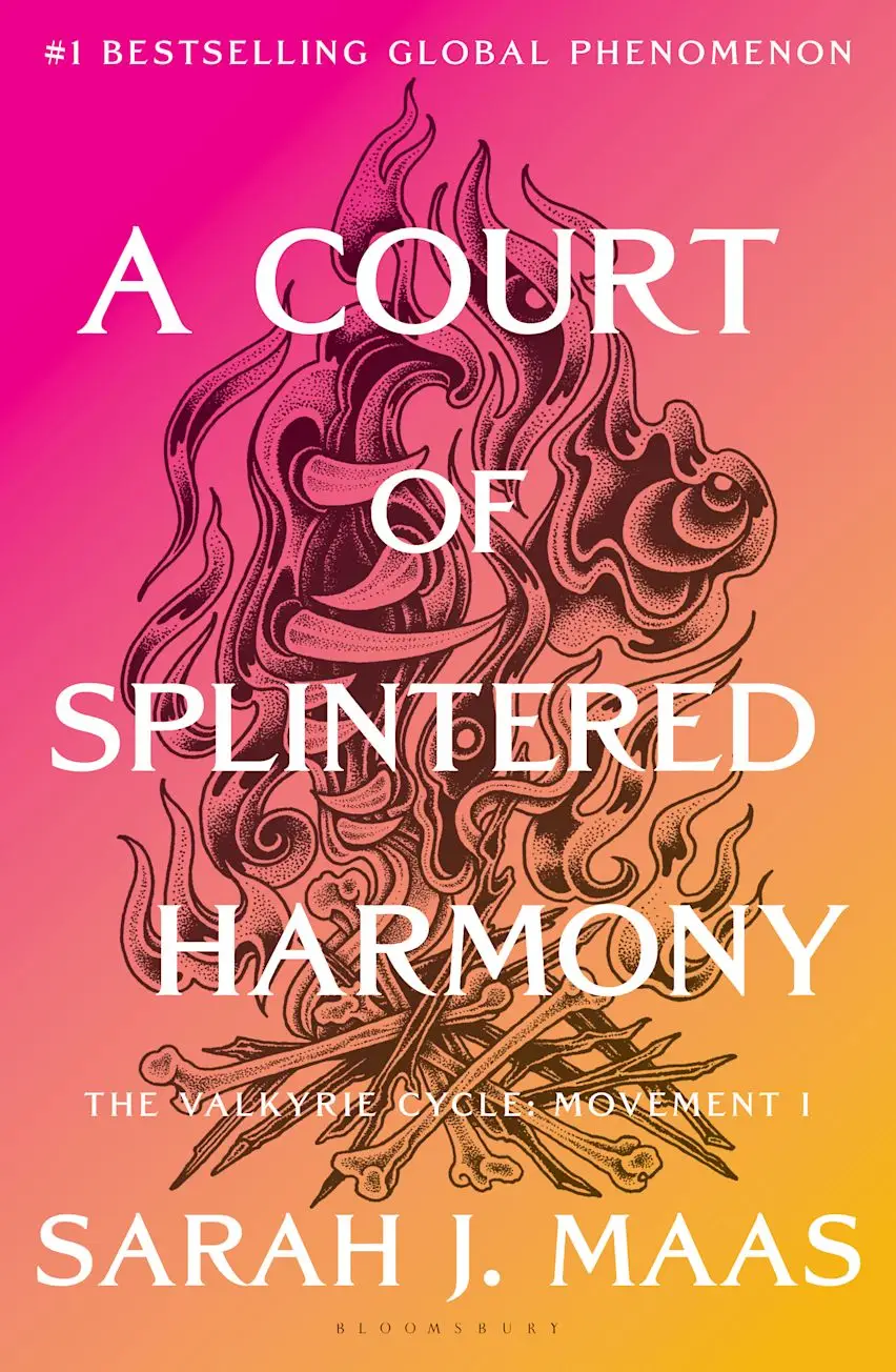 Bright pink and orange book cover for “A Court of Splintered Harmony” by Sarah J. Maas.