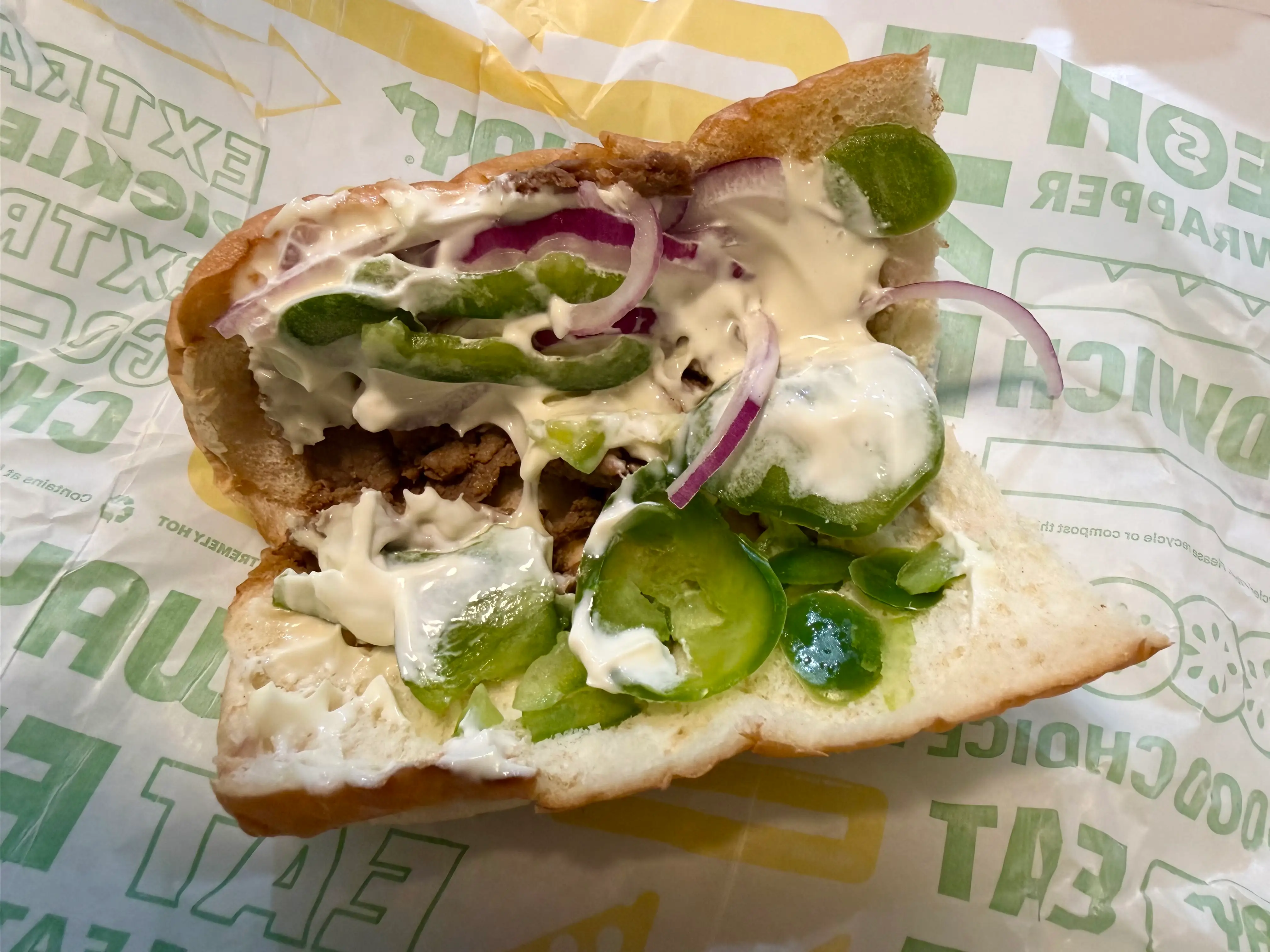 philly cheesesteak wth mayo, peppers, red onions from Subway