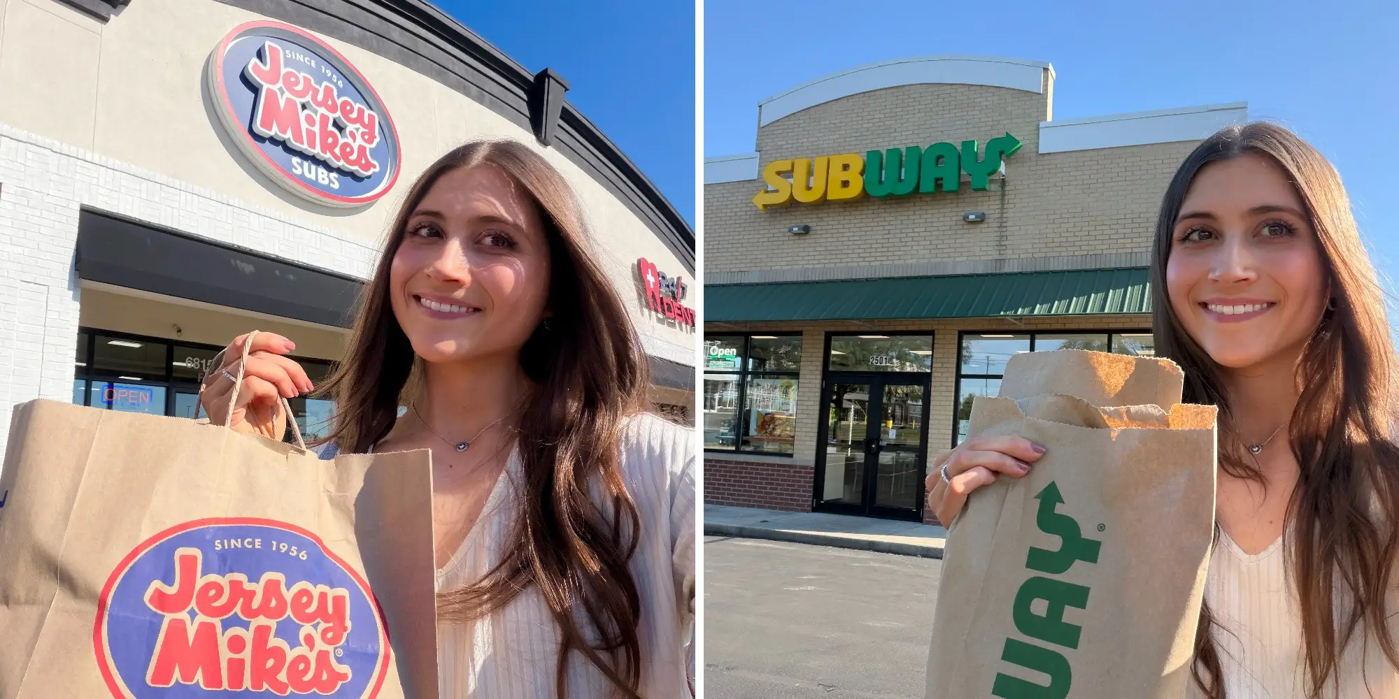 woman smiling with jersey mikes bag outside of jersey mikes next to image of woman smiling with subway bag outside of subway