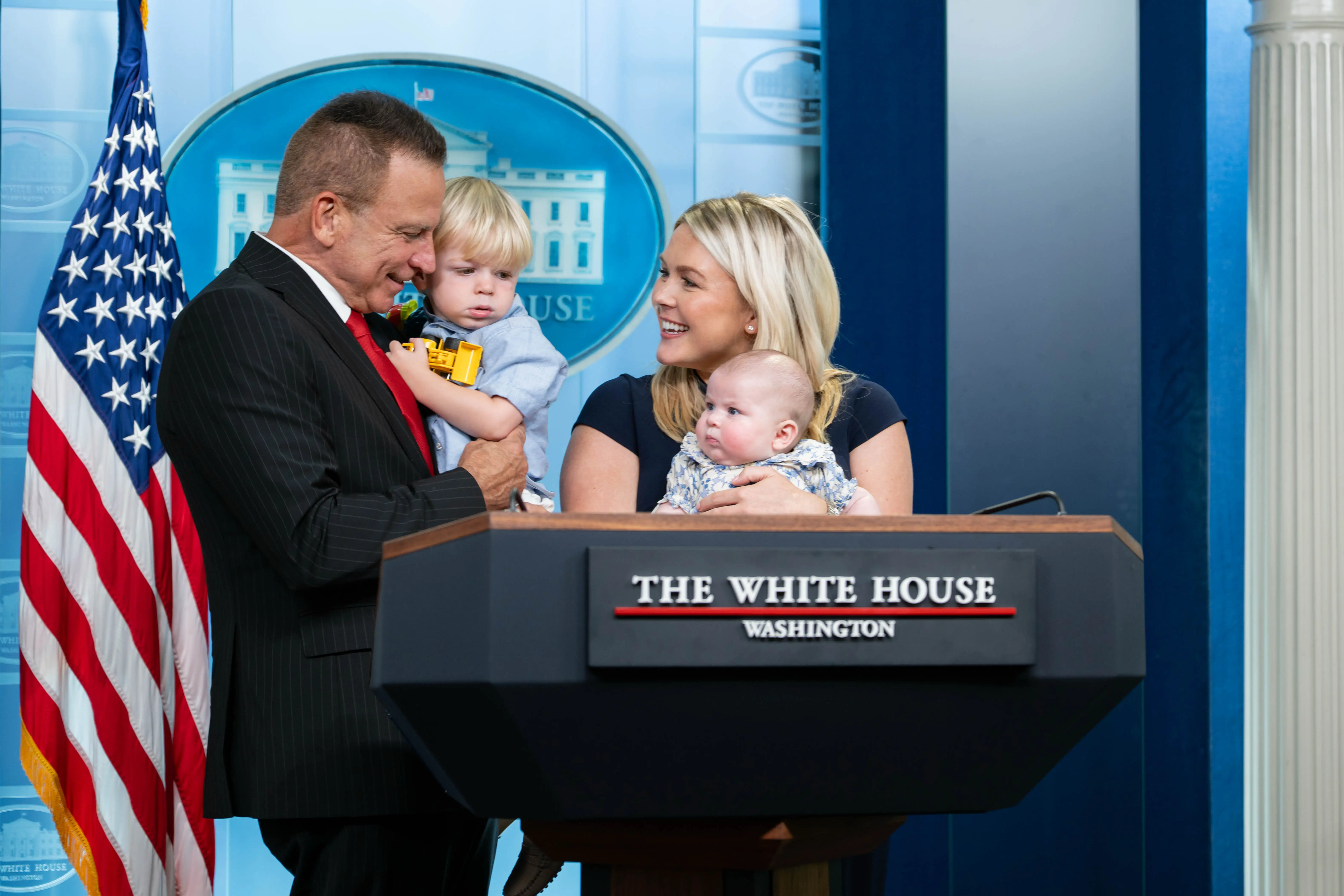 Karoline Leavitt and her husband Nicholas Riccio posed for photos with their two children on Leavitt's final day as White House press secretary.