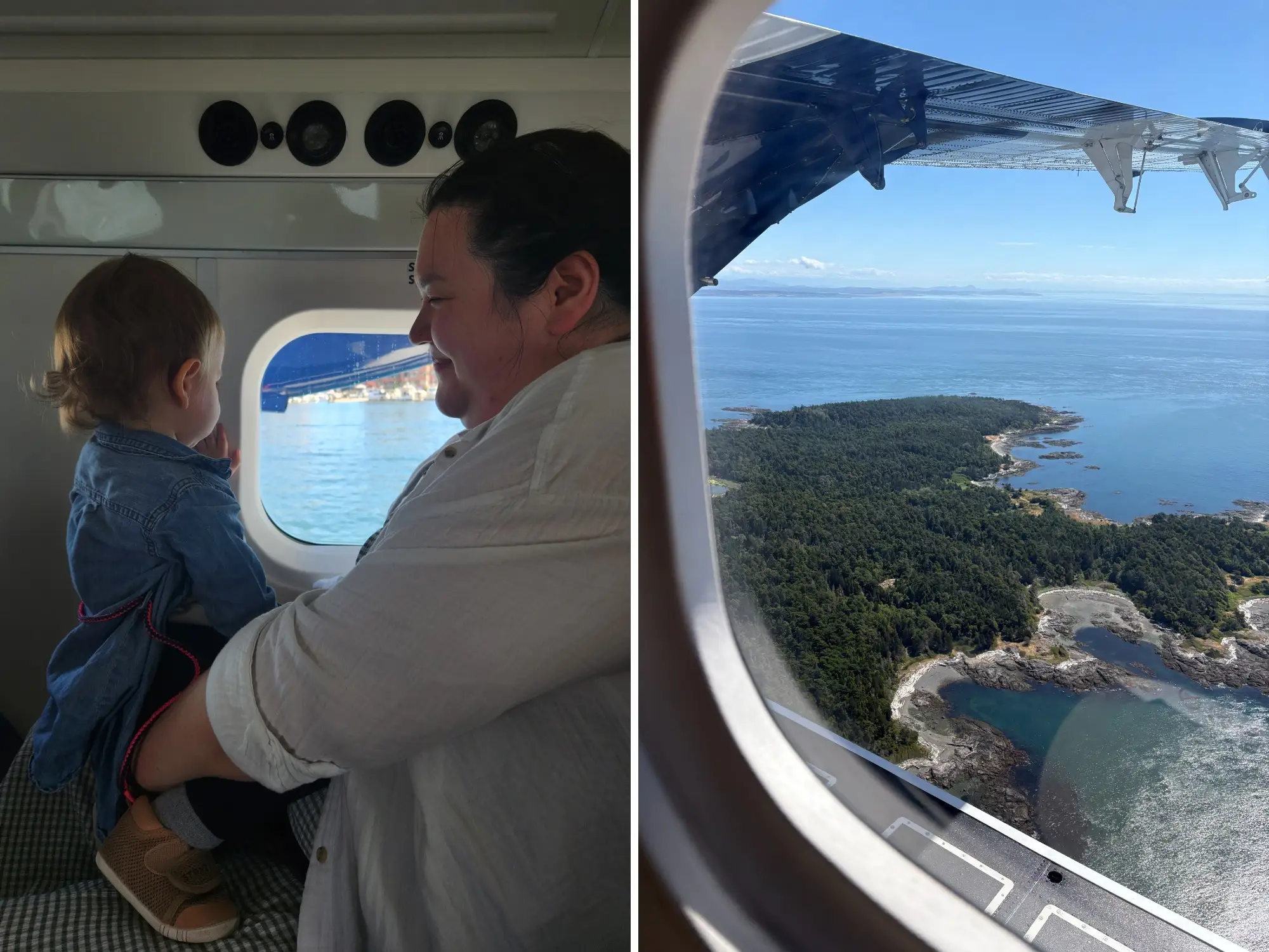 composite, on the left the author and her daughter are looking out the window of a plane and on the right is a view from the plane window