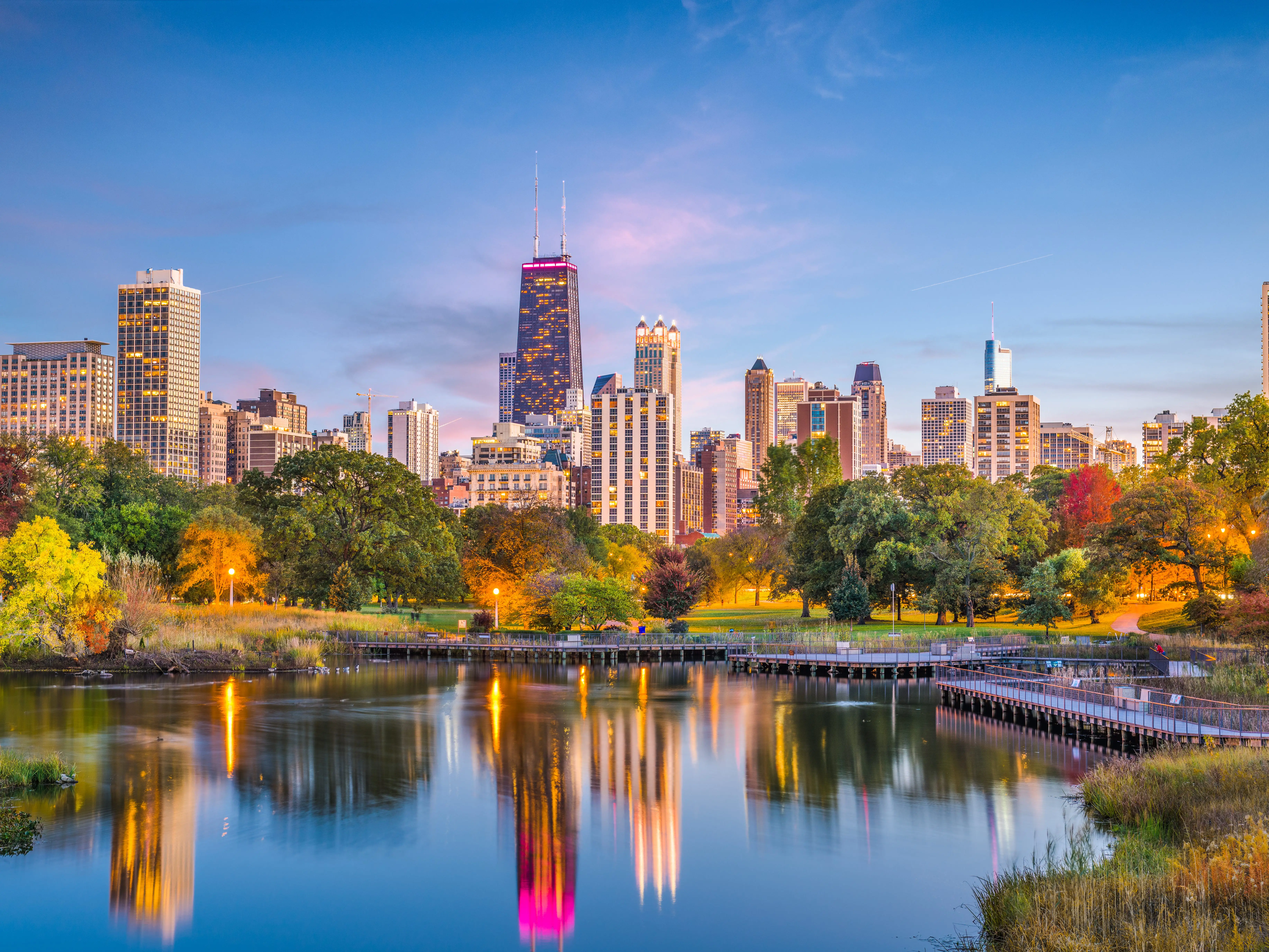 Chicago, Illinois, USA downtown skyline from Lincoln Park at twilight.