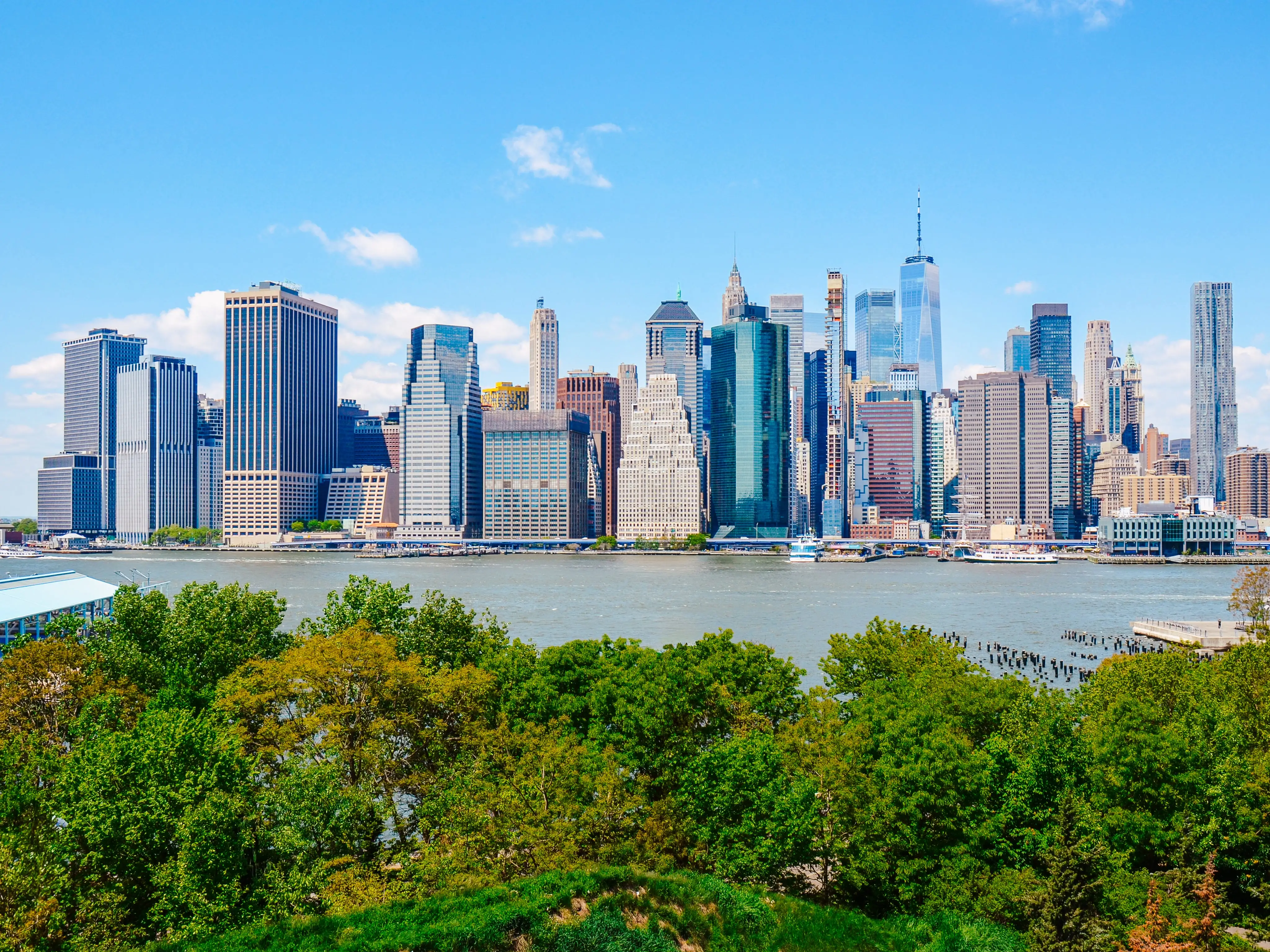 Brooklyn, New York, USA — May 8, 2026: Wide panorama of Lower Manhattan skyline viewed from Brooklyn Heights.