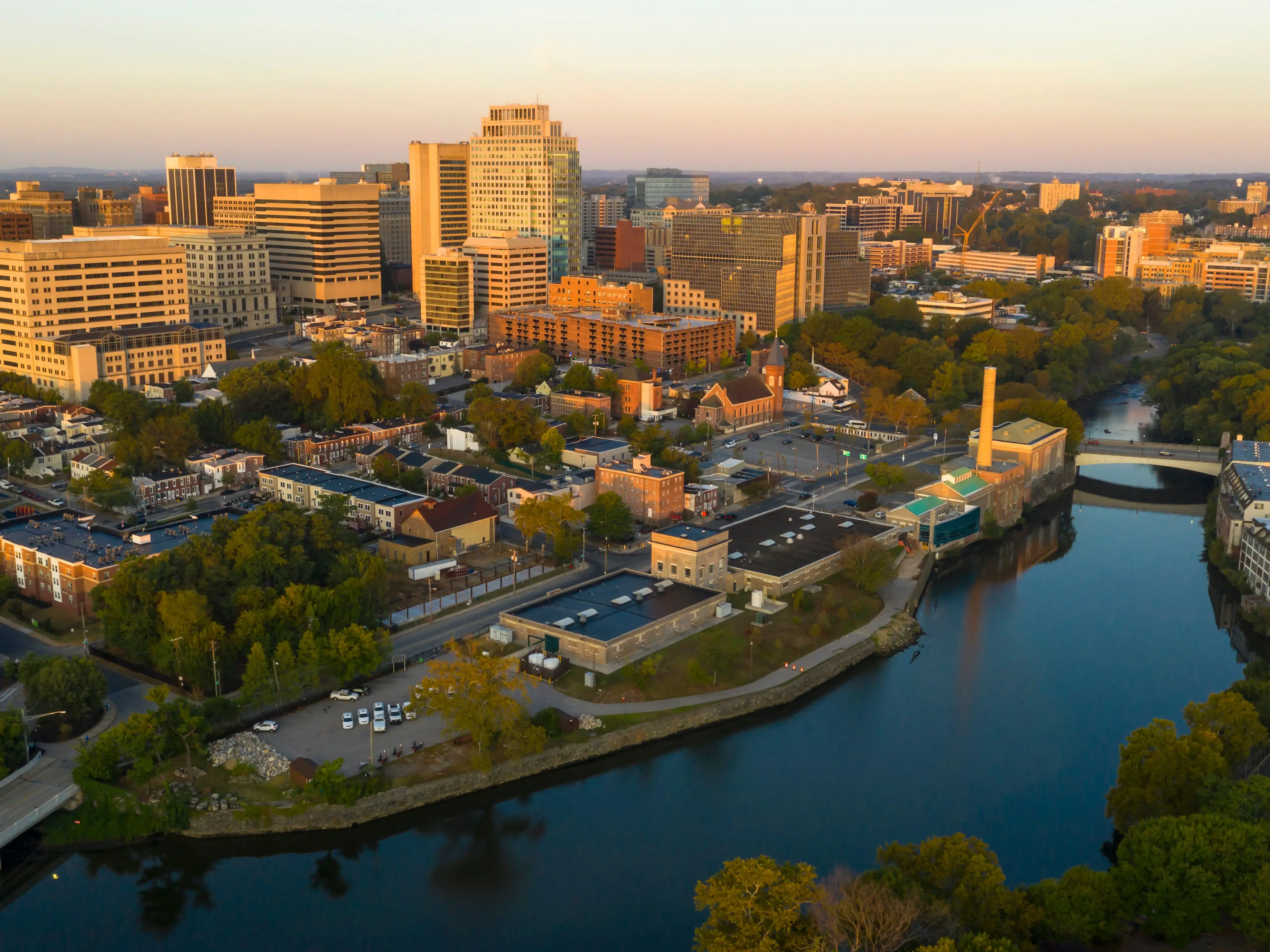 Saturated early morning light hits the buildings and architecture of downtown Wilmington Delaware