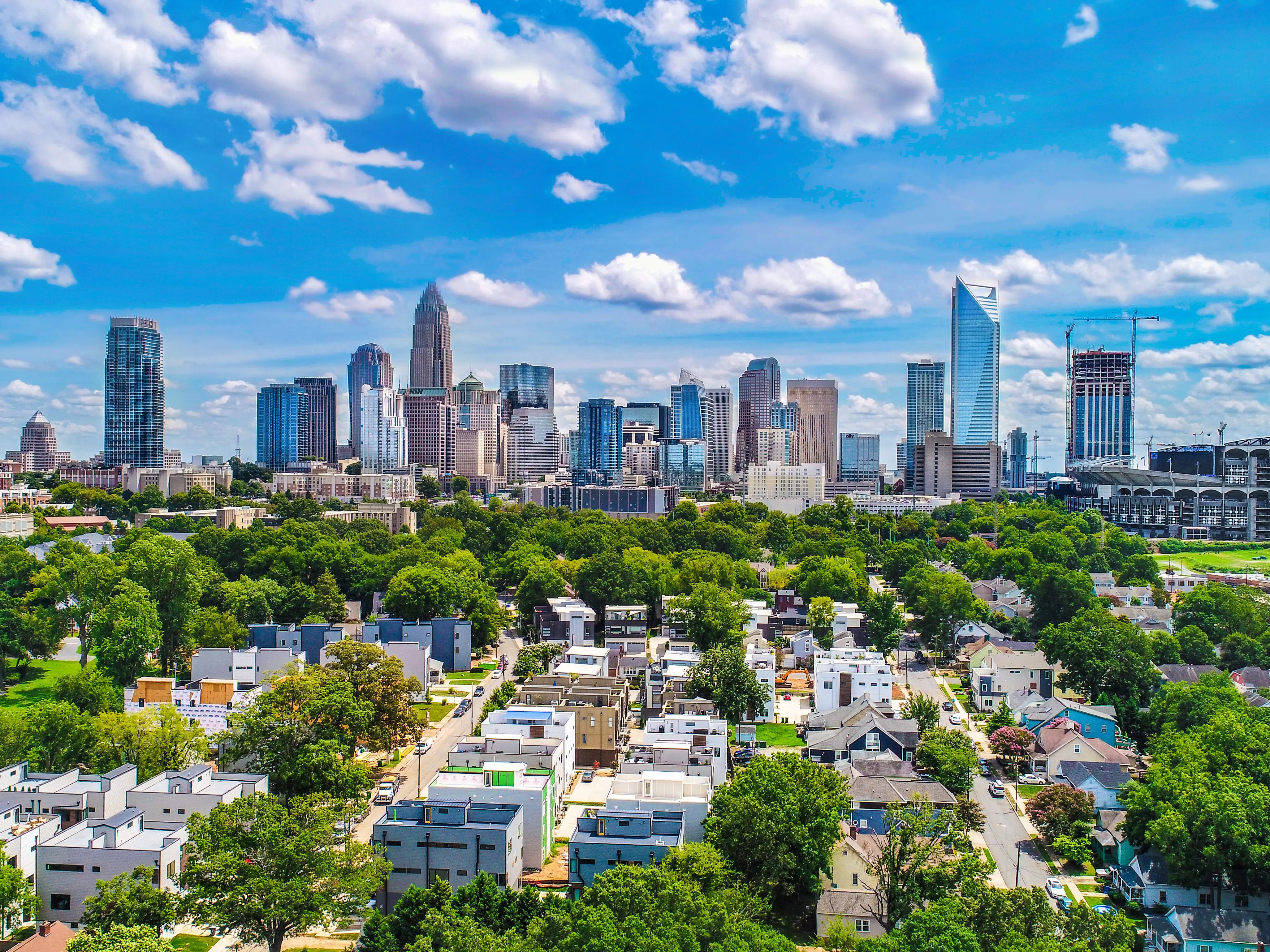 Drone Aerial of Downtown Charlotte, North Carolina, NC, USA Skyline.