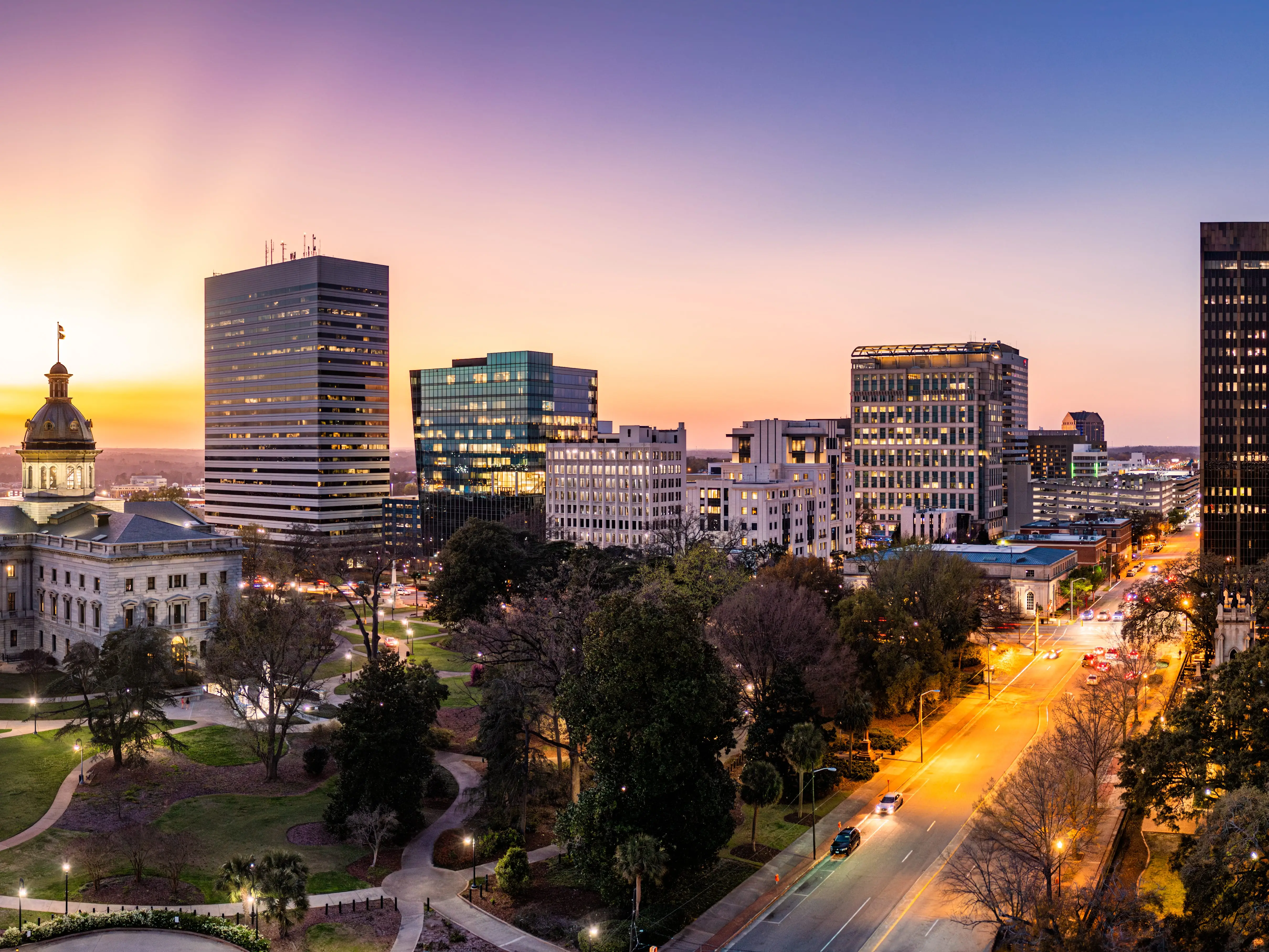 Aerial view of the South Carolina skyline at dusk in Columbia, SC. Columbia is the capital of the U.S. state of South Carolina and serves as the county seat of Richland County