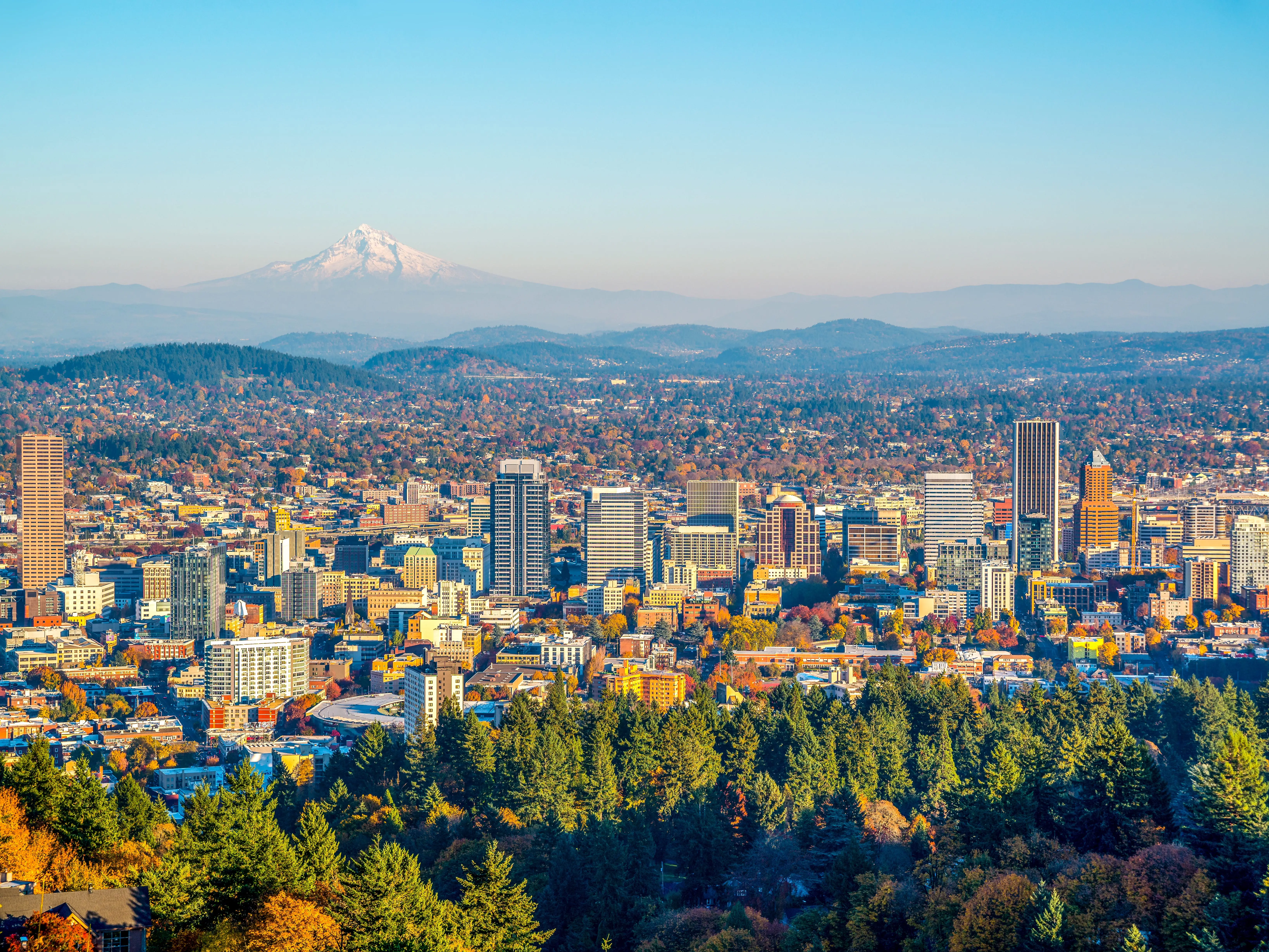 City of Portland Oregon and Mount Hood in Autumn