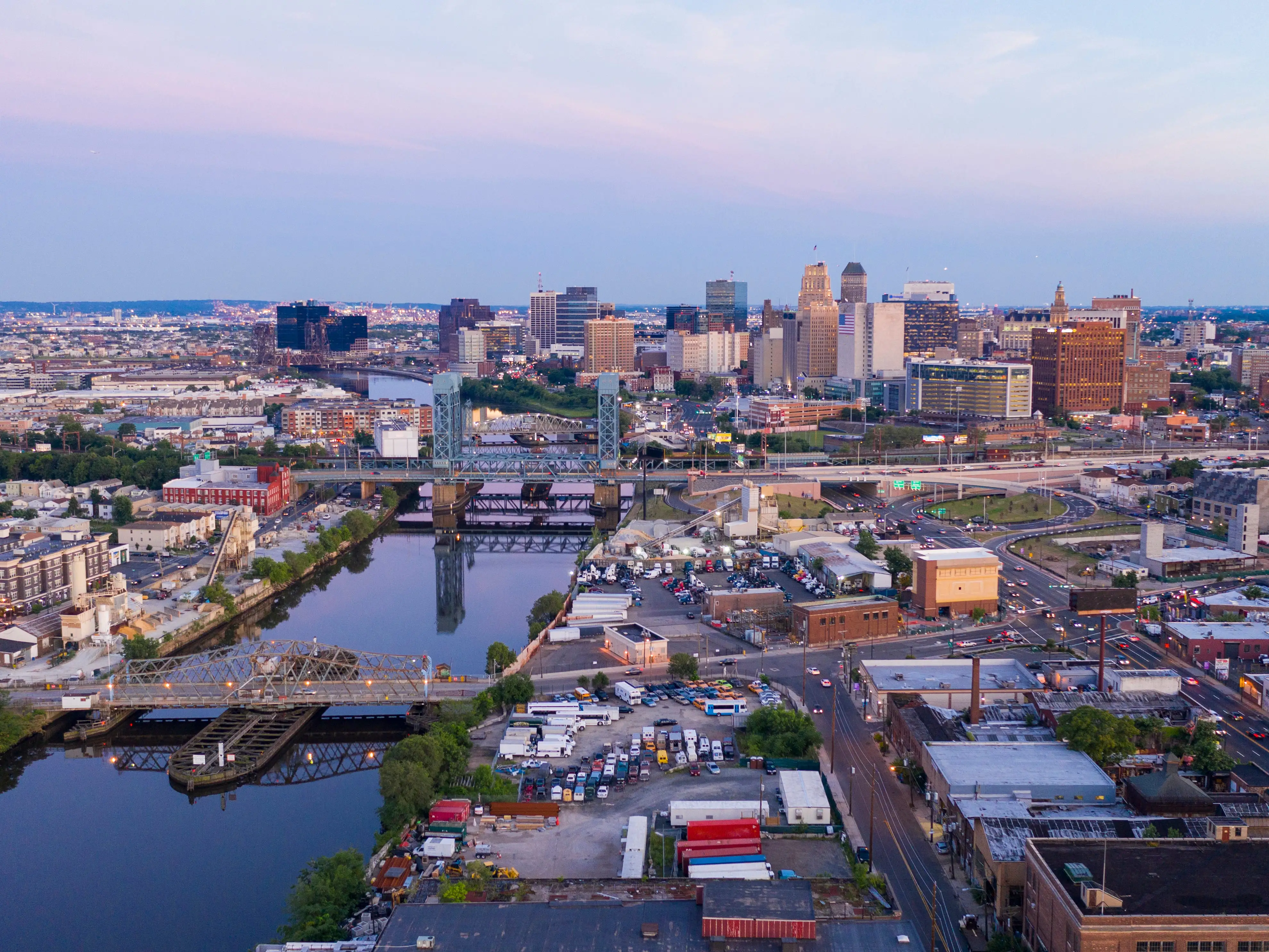 Dusk Falls on the Urban Downtown Metro Area of Newark New Jersey