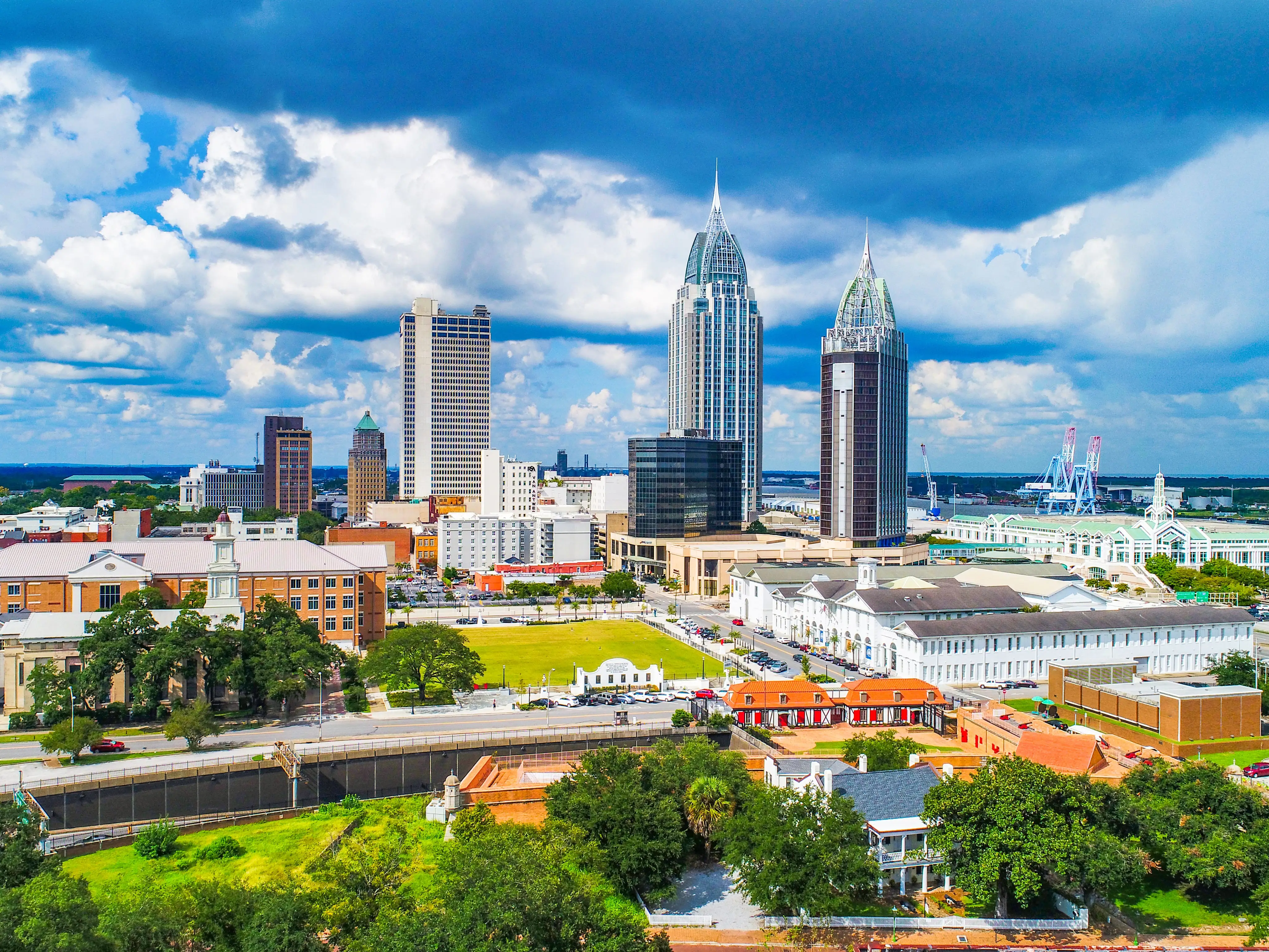 Drone Aerial View of Downtown Mobile Alabama AL Skyline.