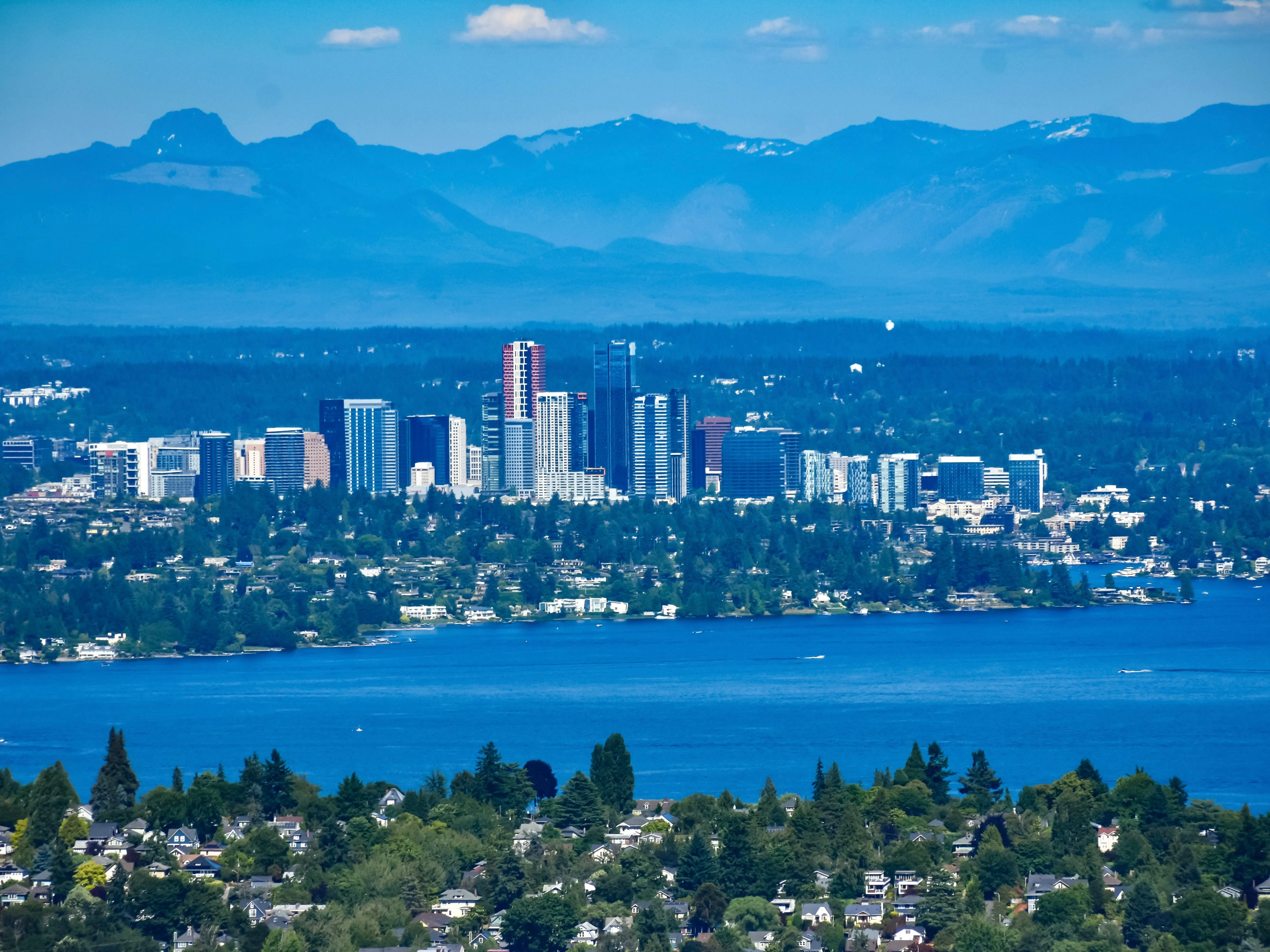 The skyline of Bellevue, Washington, situated on the eastern shores of Lake Washington near Seattle stock photo