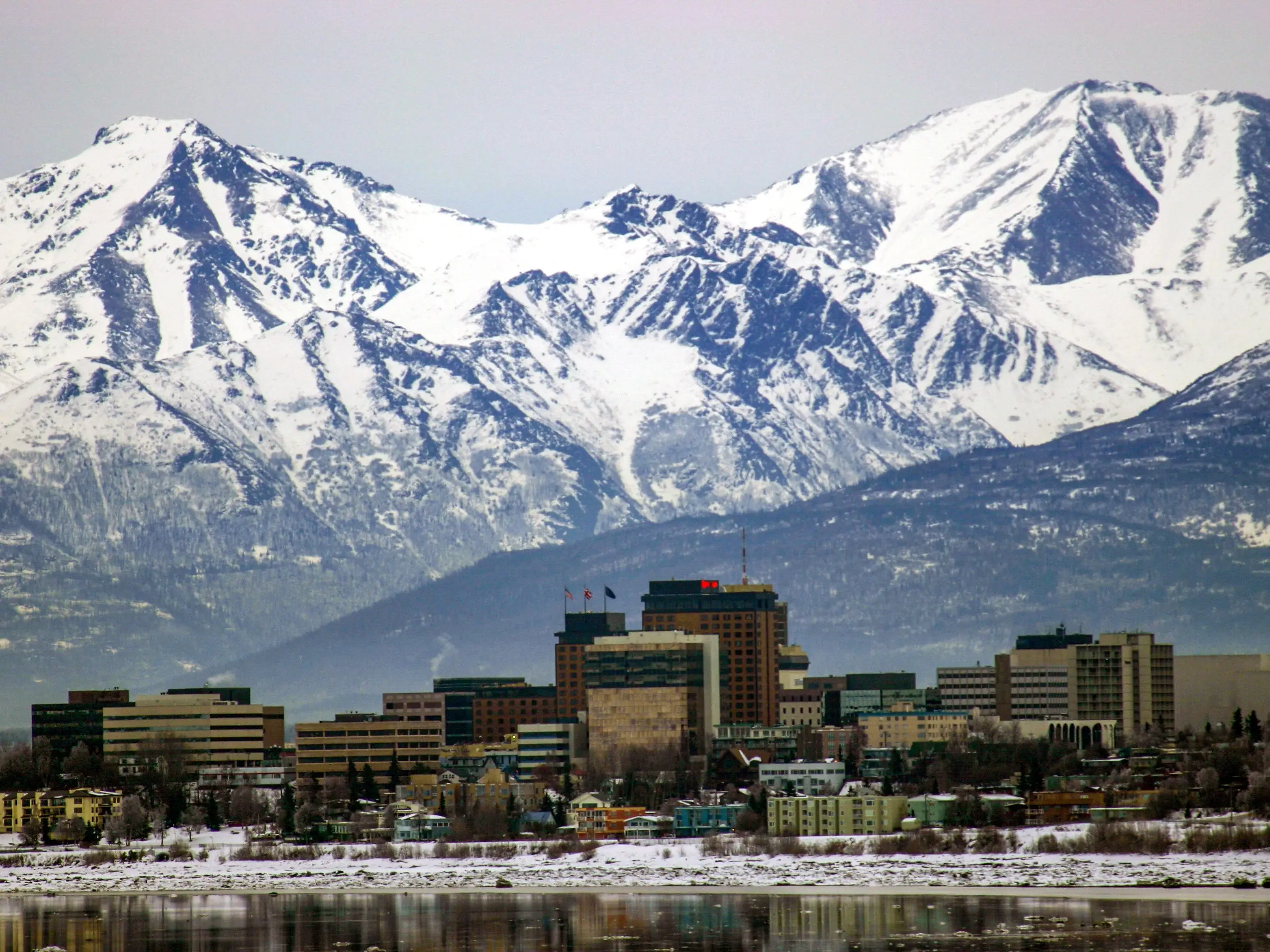Anchorage, Alaska skyline with the Chugach Mountains in the background
