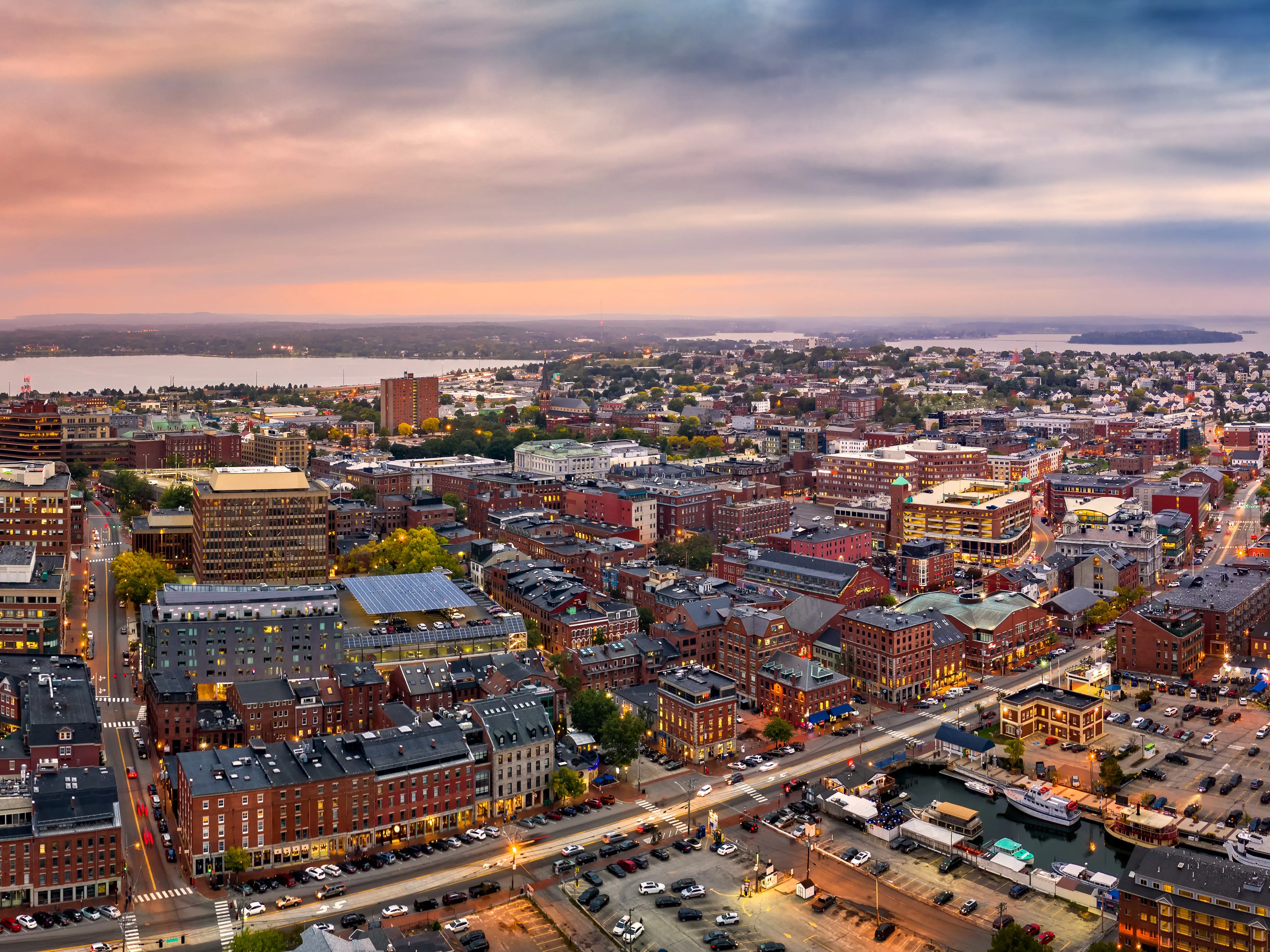 Aerial panorama of Portland, Maine at dusk