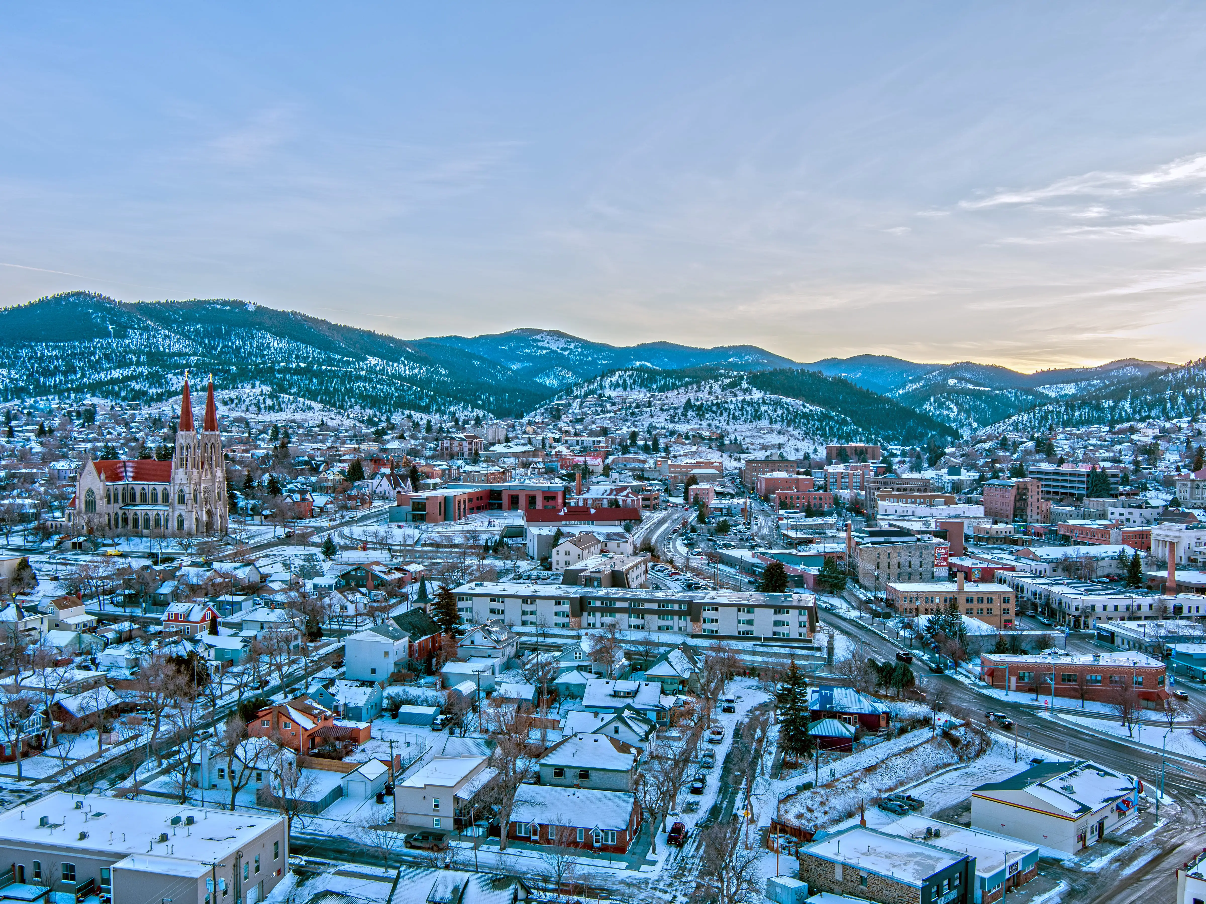 Drone shot of Helena, Montana in December