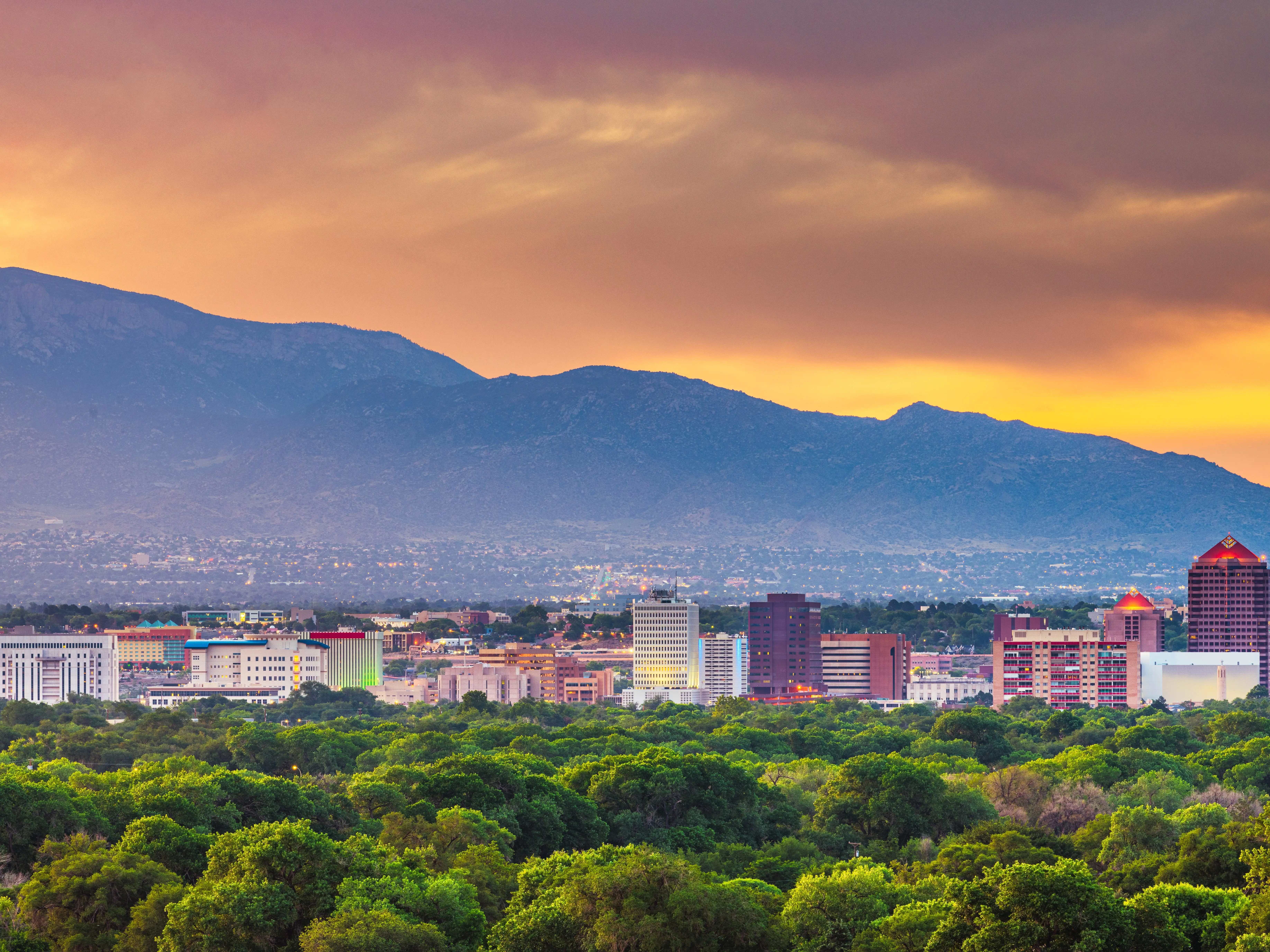 Albuquerque, New Mexico, USA downtown cityscape at twilight.