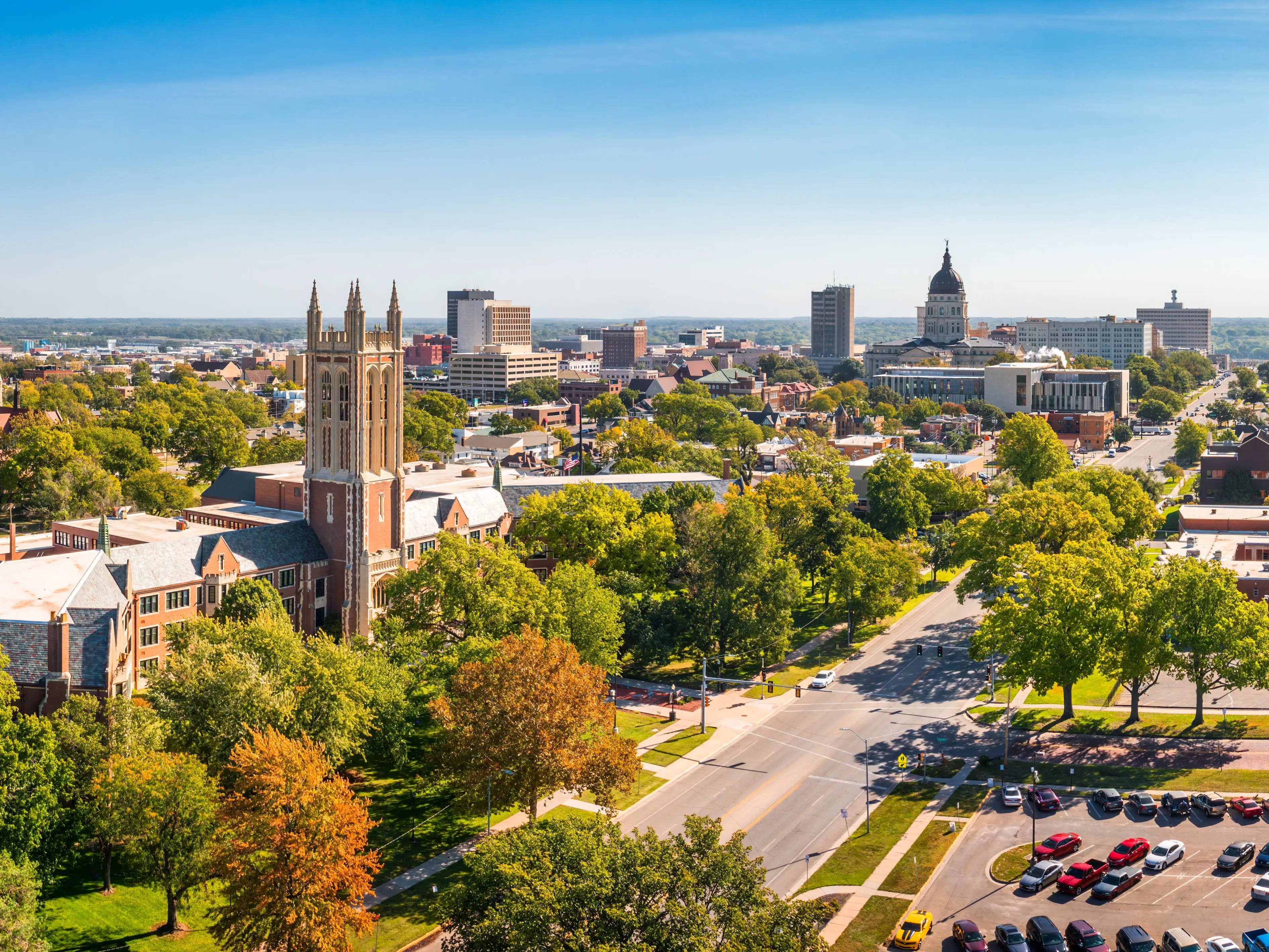 Aerial panorama of Topeka, Kansas along the 10th Avenue. Topeka is the capital city of the U.S. state of Kansas and the county seat of Shawnee County