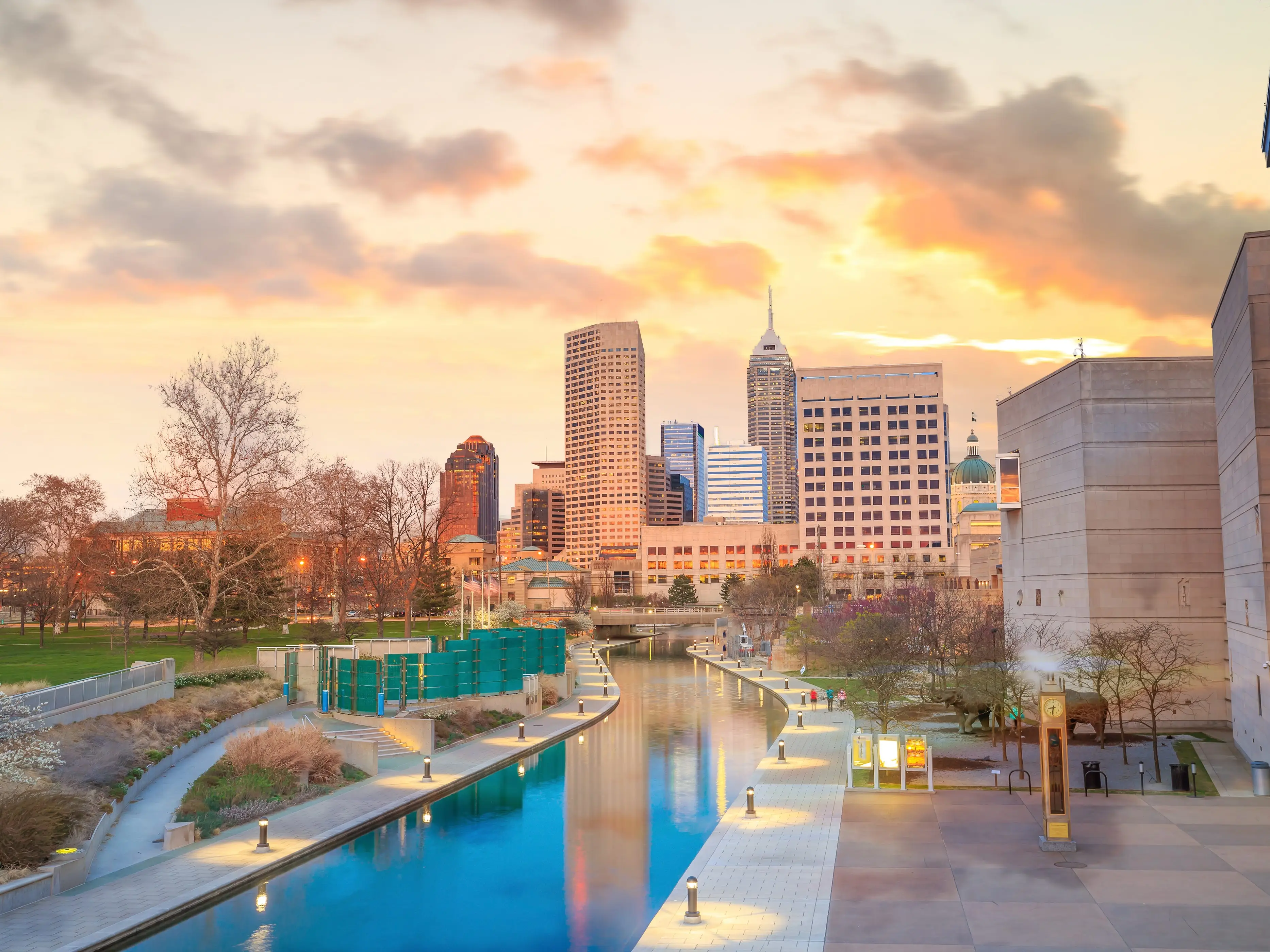 Downtown Indianapolis skyline at twilight