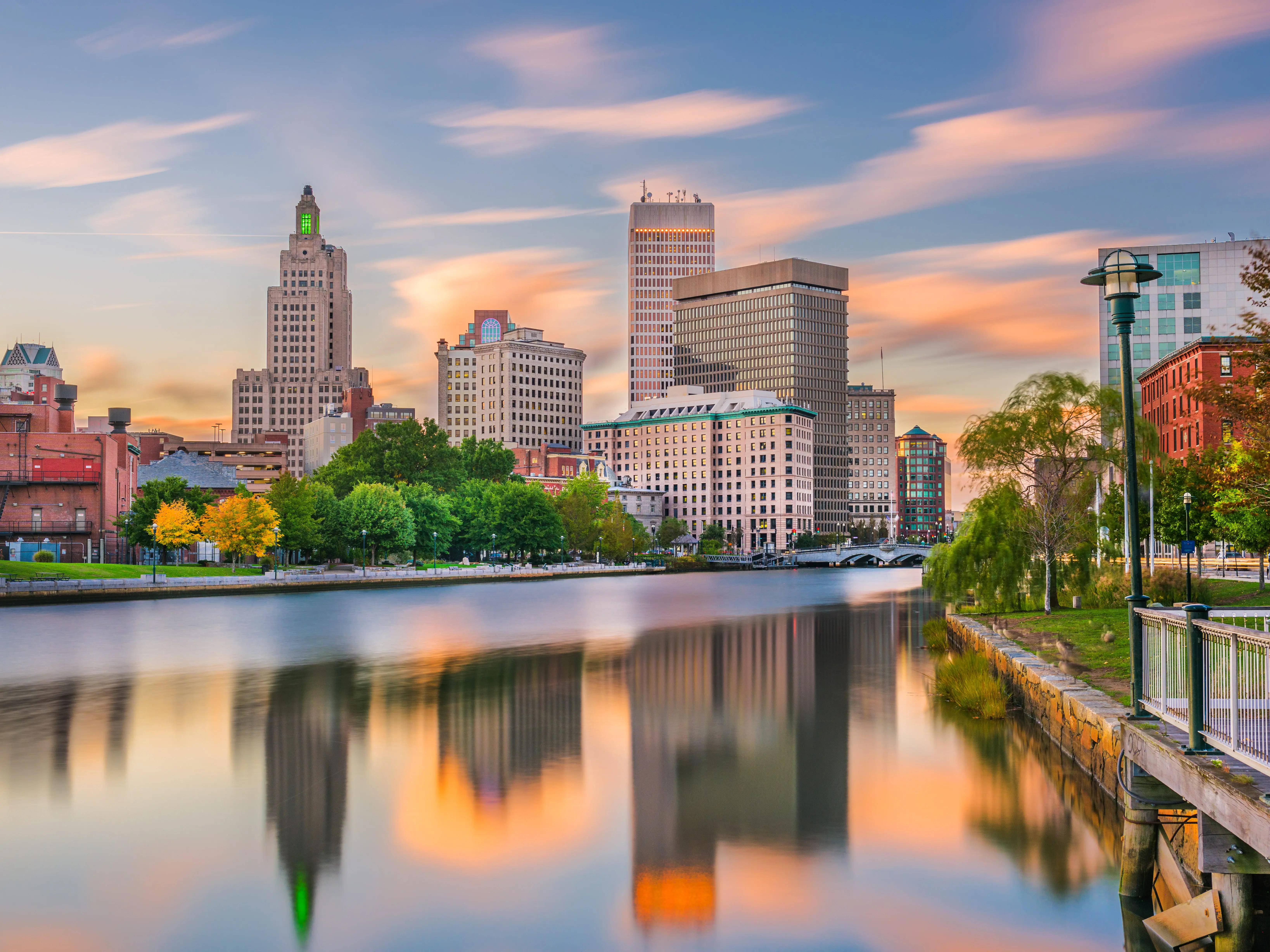 Providence, Rhode Island, USA downtown cityscape viewed from above the Providence River.