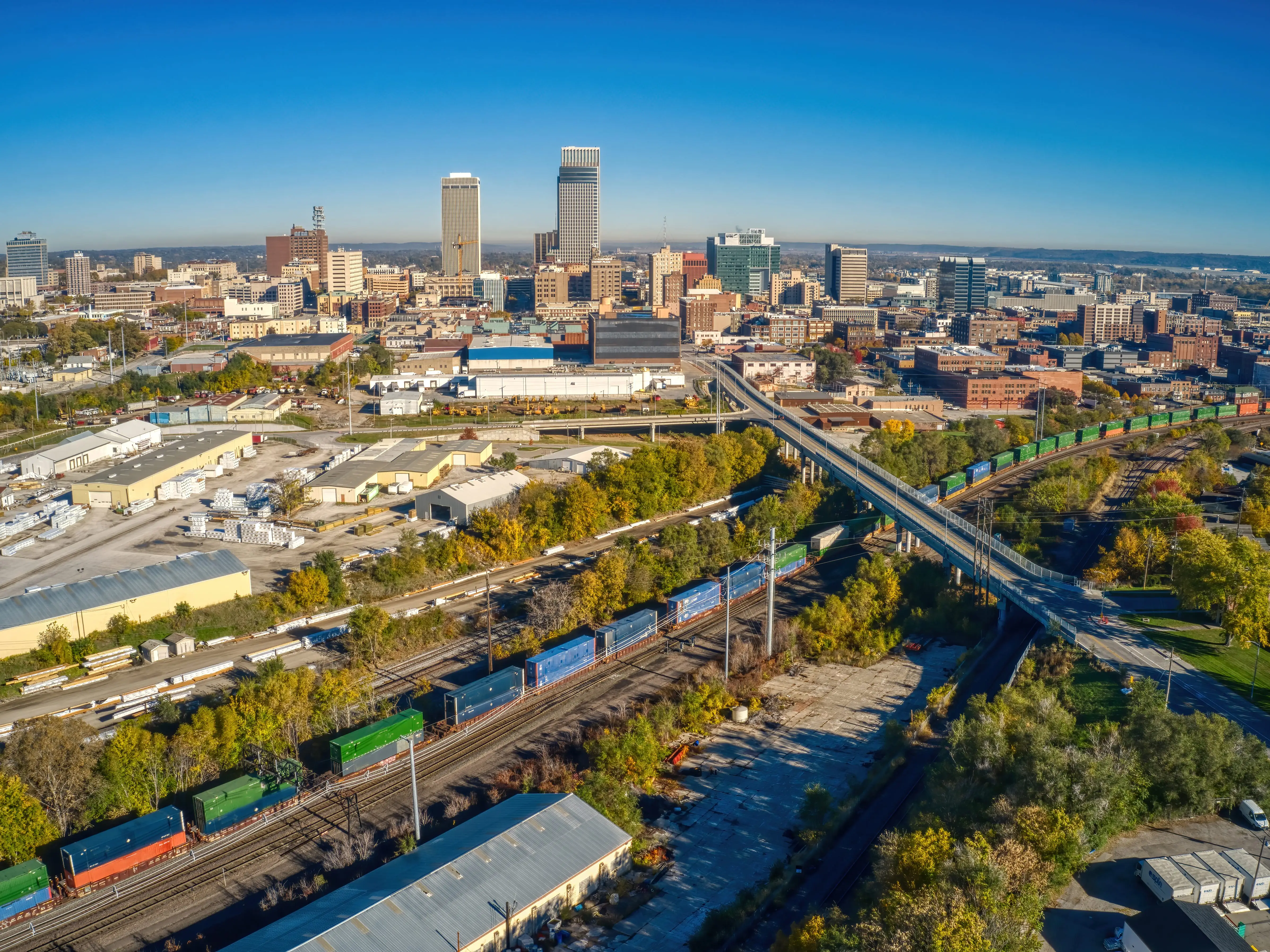 Aerial View of Downtown Omaha, Nebraska in Autumn