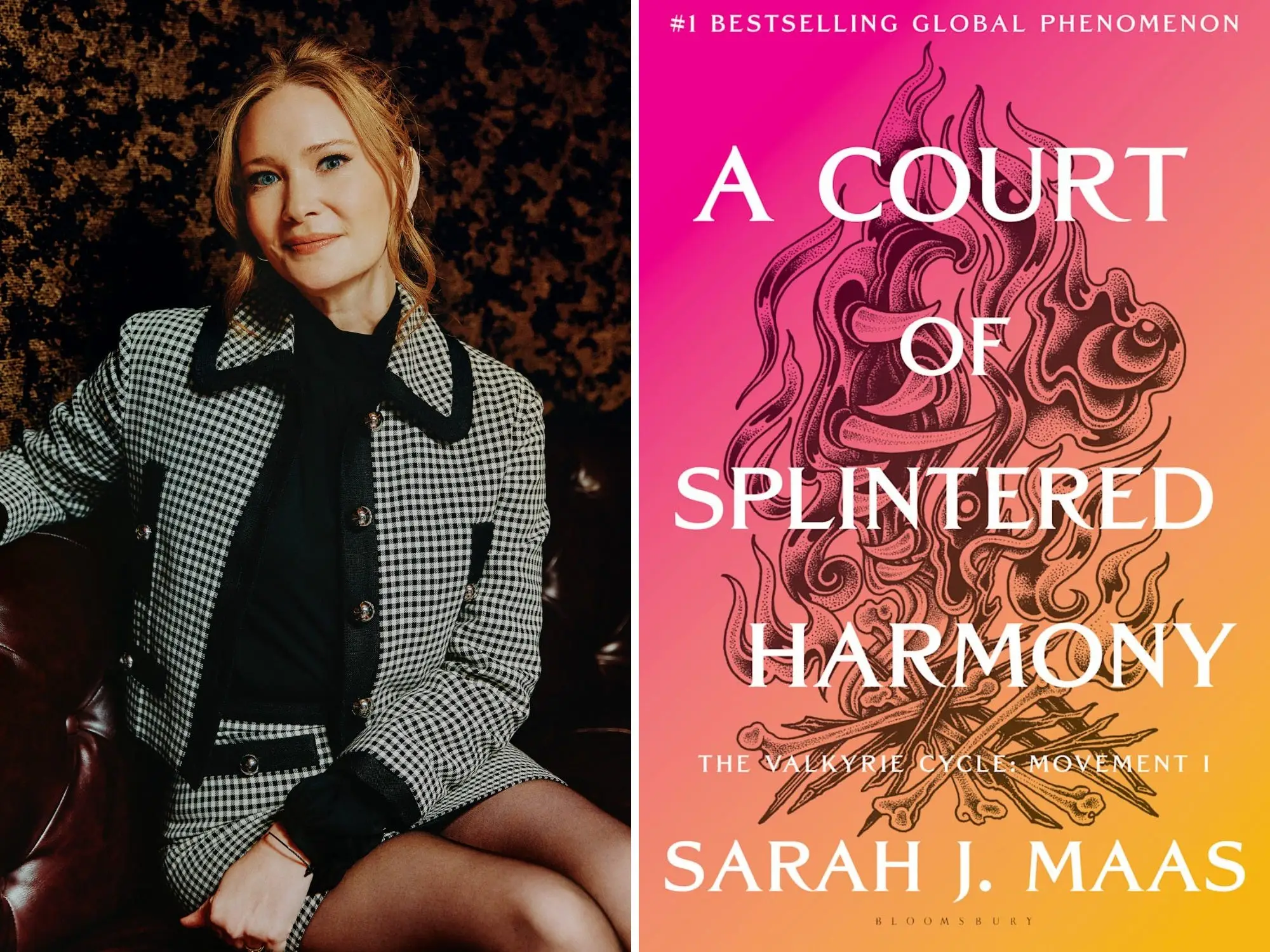 A side-by-side of Sarah J. Maas and the cover of 