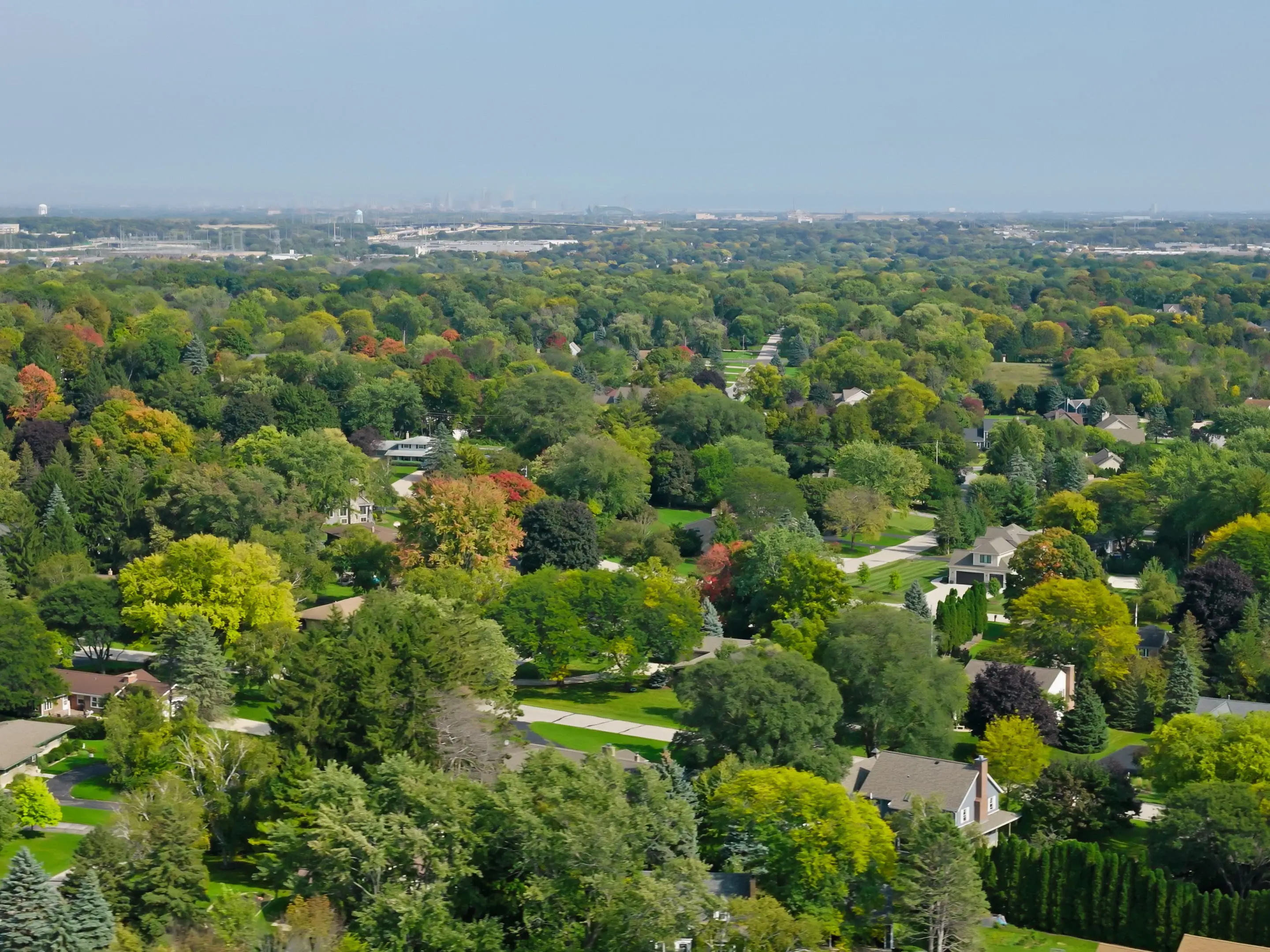 Aerial shot of Brookfield, a city located in Waukesha County, Wisconsin, on a clear day in Fall.
