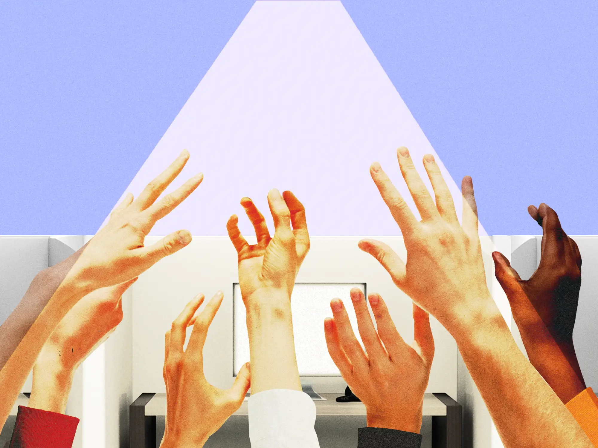 Several raised hands in front of office cubicles reach toward a bright spotlight.