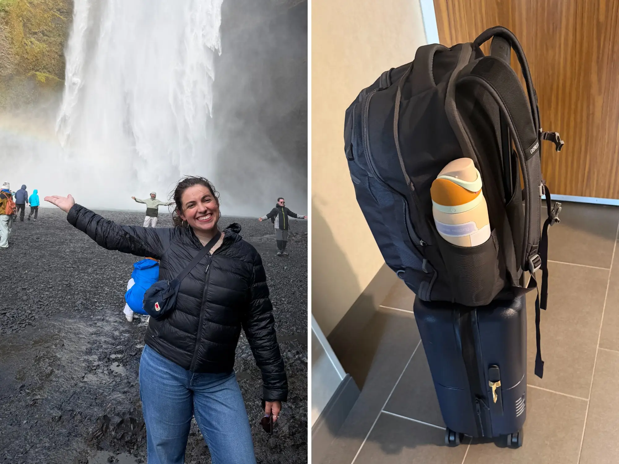 A side-by-side image of the writer standing near a waterfall and an image of the writer's backpack and carry-on suitcase.
