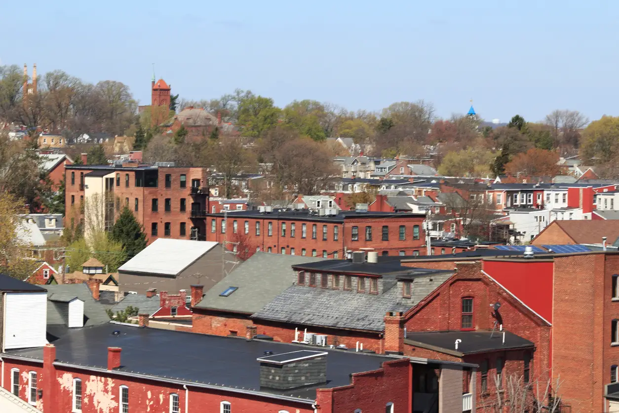 Cityscape of Northwestern Lancaster, PA shot from bird's eye view