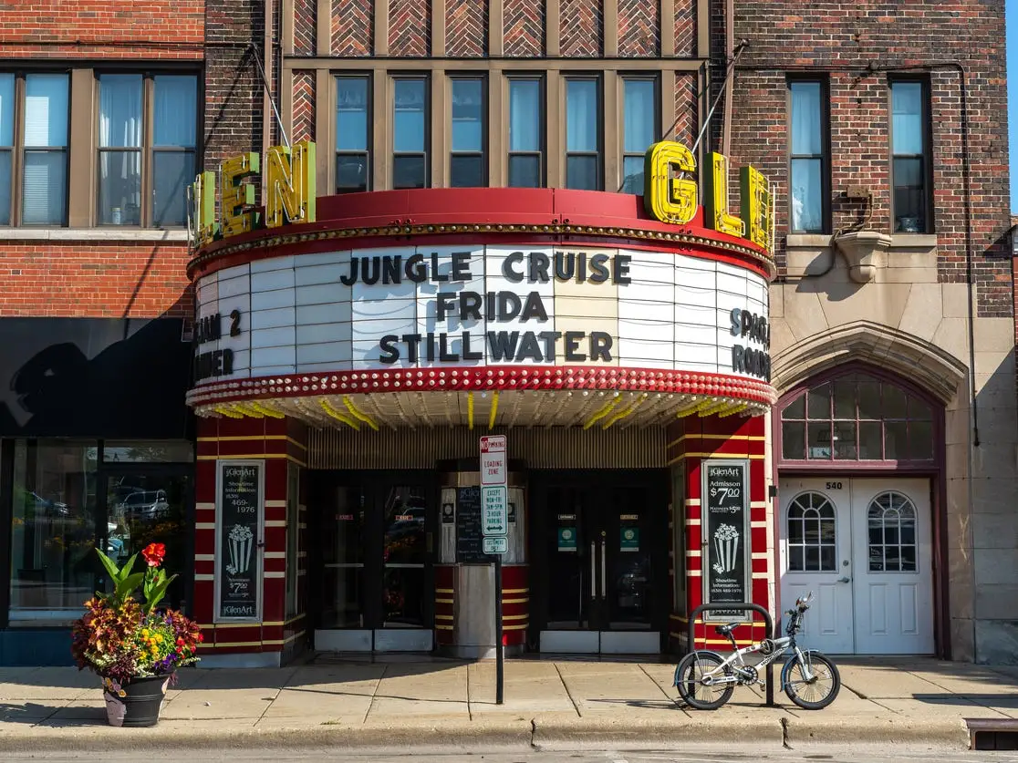 Glen Ellyn, Illinois, USA - August 3rd 2021 - The beautiful Glen theatre marquee built in the 1920's in the summer sunlight.