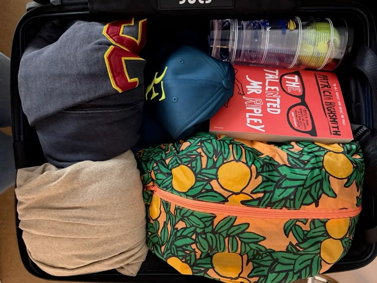 An overview image of the writer's packed carry-on suitcase.