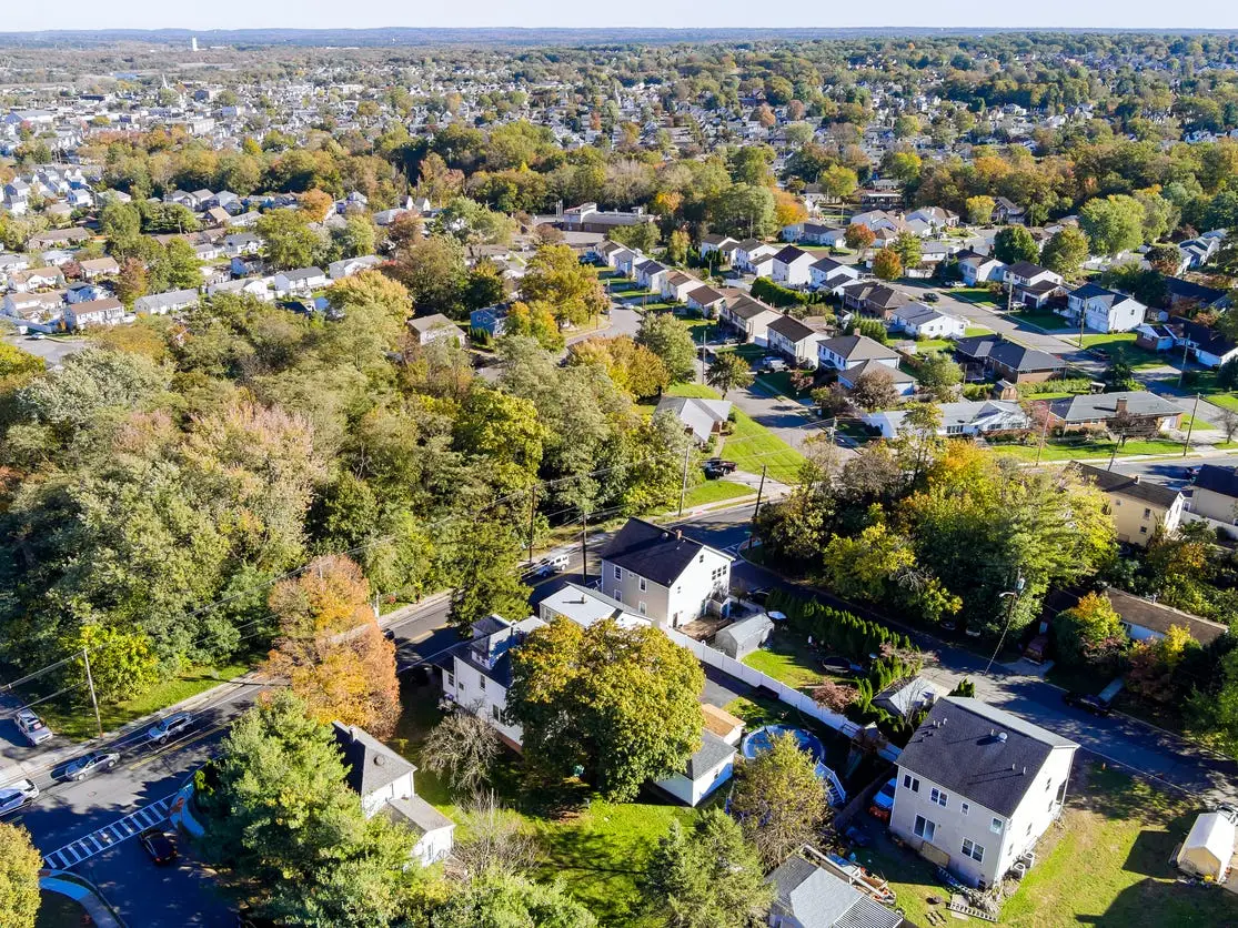 Rooftop views of houses in small American town community in state of New Jersey, United States