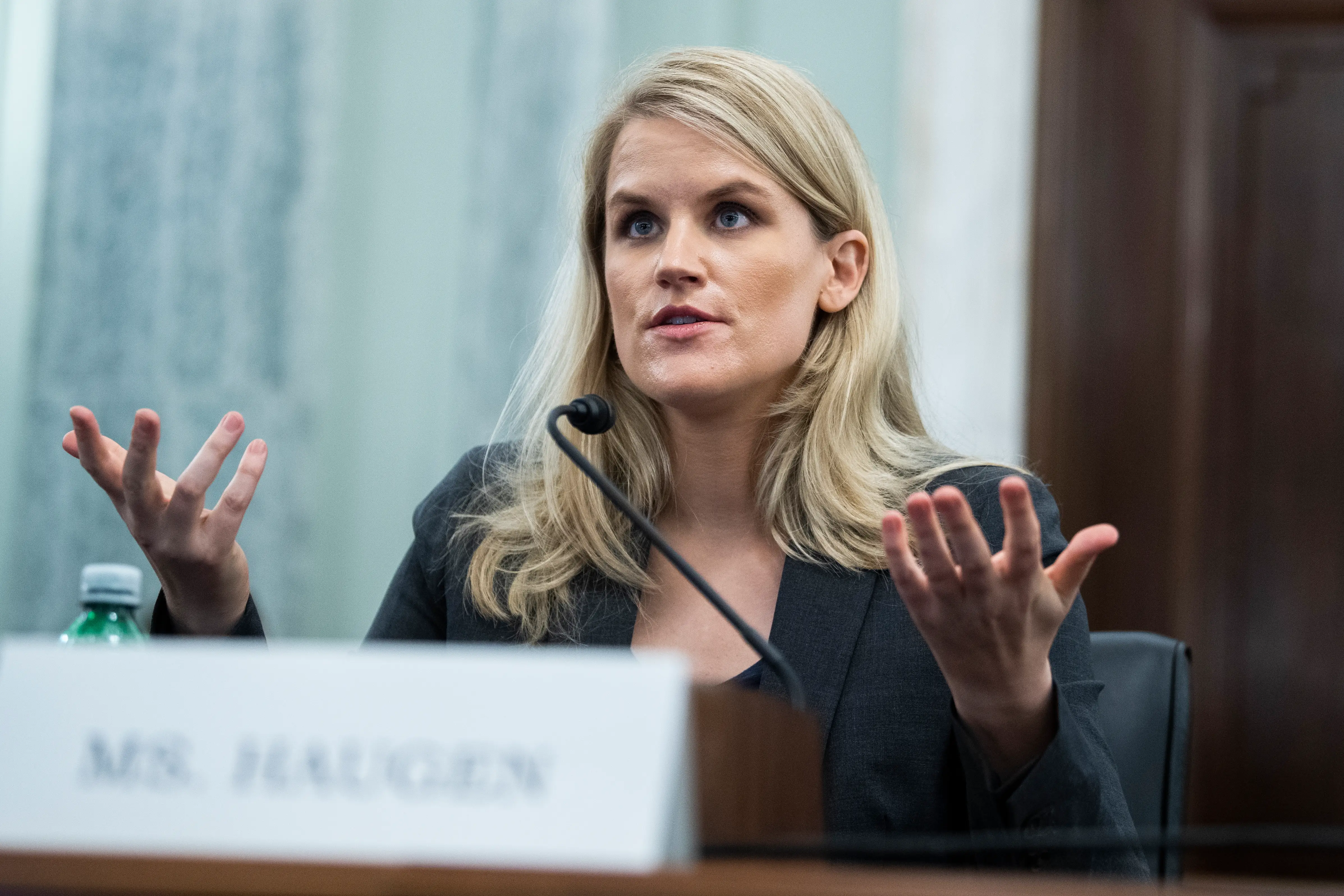 Frances Haugen, a former Facebook employee, testifies during the Senate Commerce, Science, and Transportation Subcommittee on Consumer Protection, Product Safety, and Data Security hearing titled Children's Online Safety-Facebook Whistleblower, in Russell Building on Tuesday, October 5, 2021.