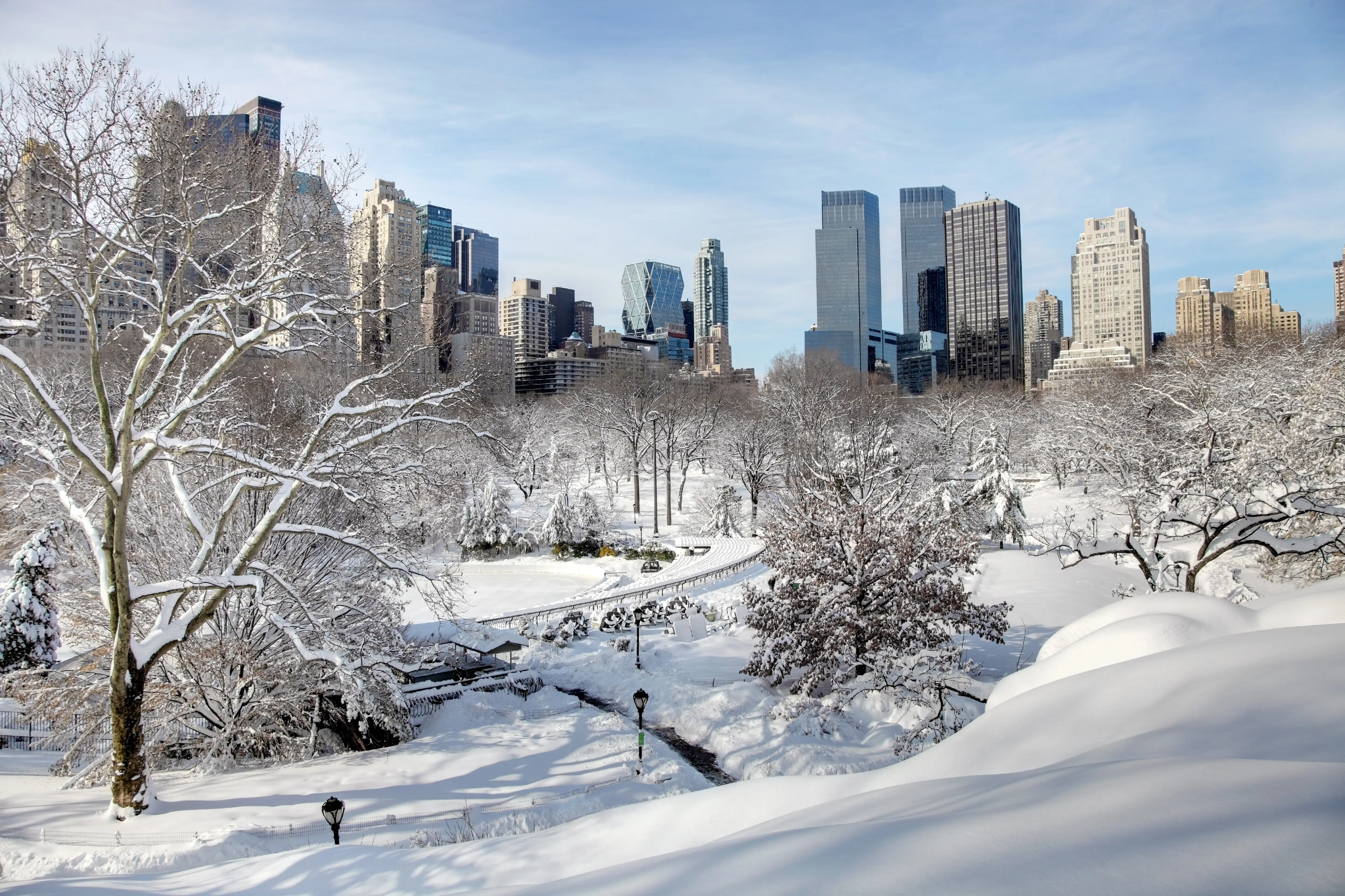 Central park covered in snow