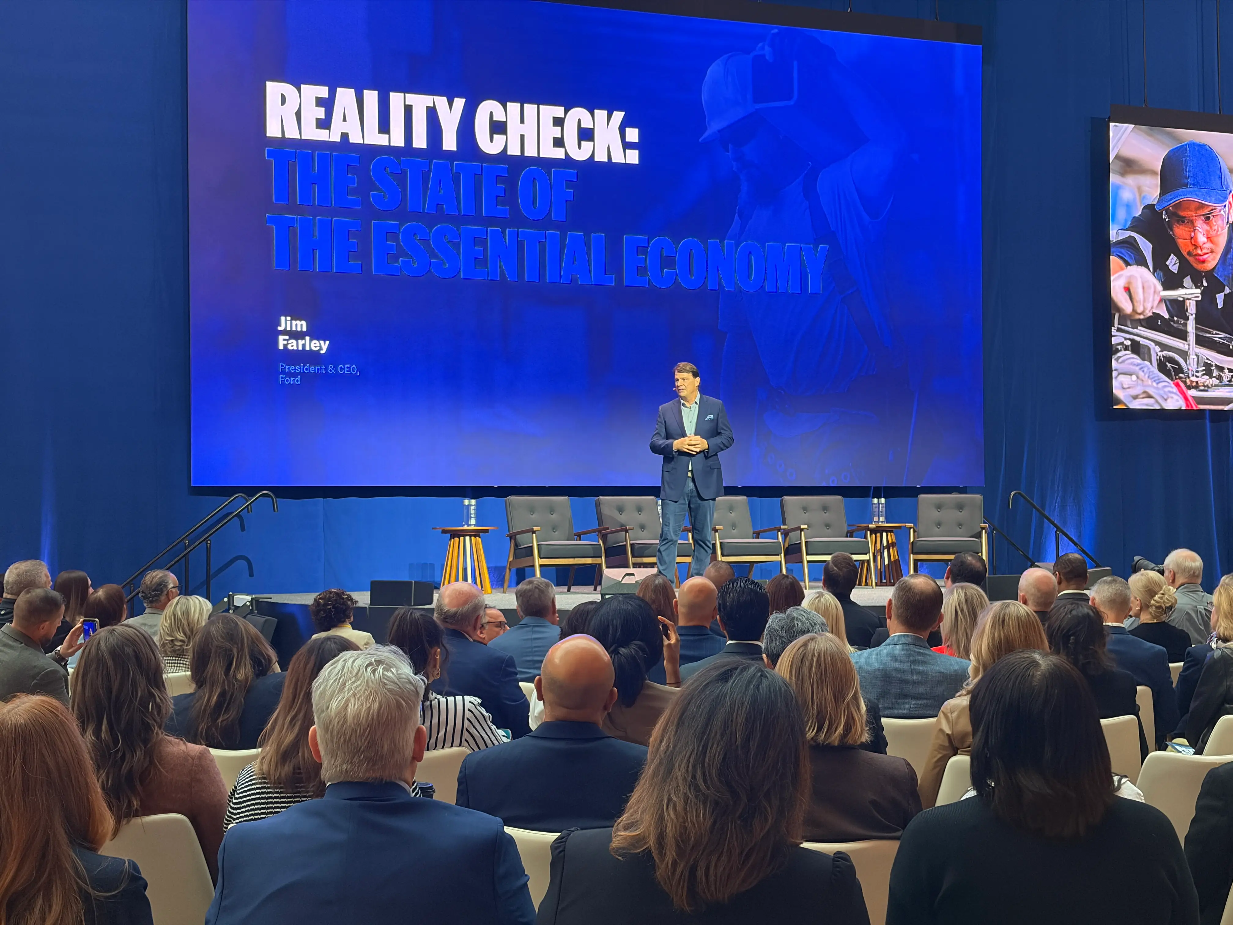 Ford CEO Jim Farley is onstage during the Ford Accelerate conference.
