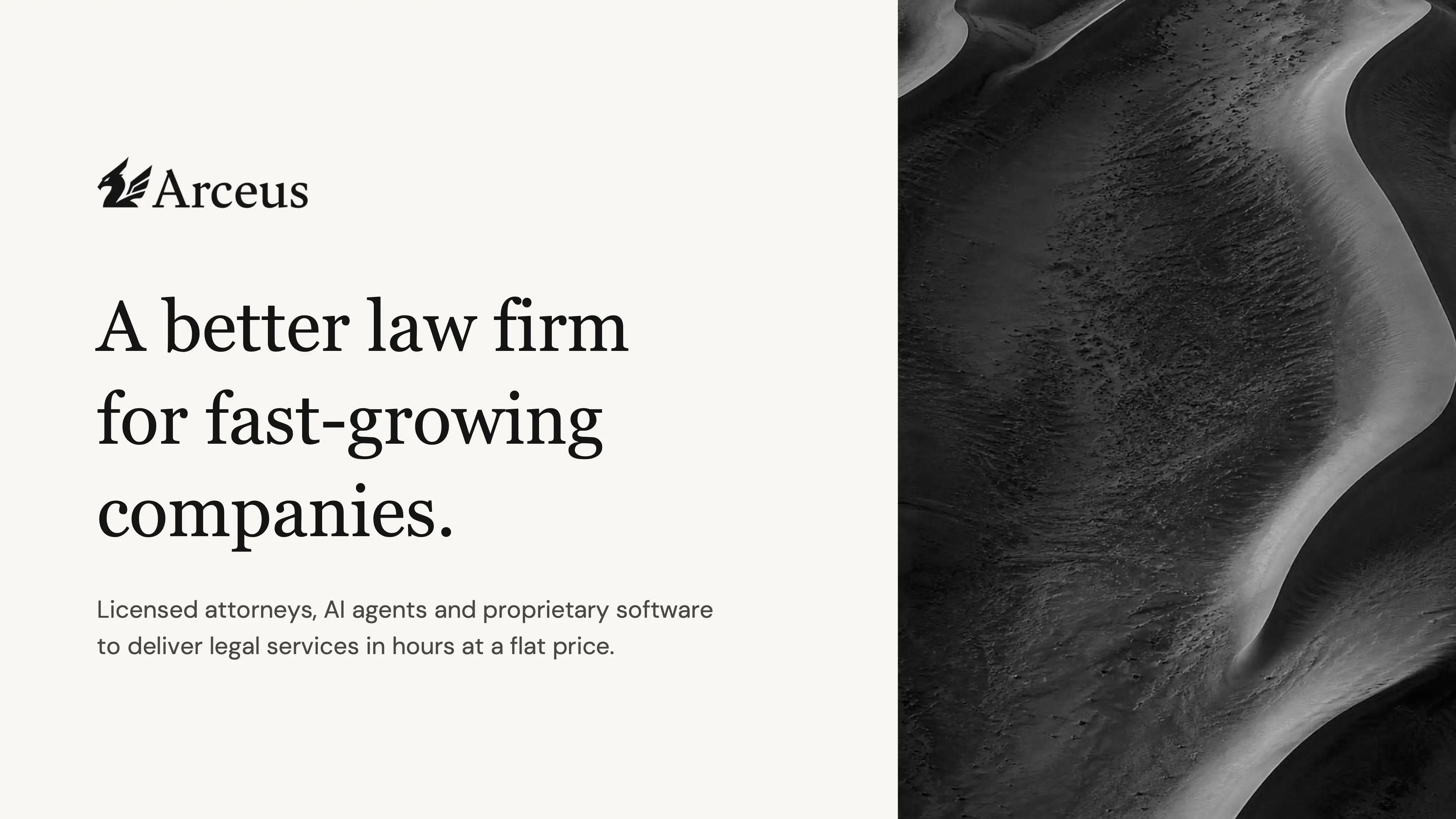 Arceus promotional graphic advertises a law firm for fast-growing companies beside a black-and-white dune image.