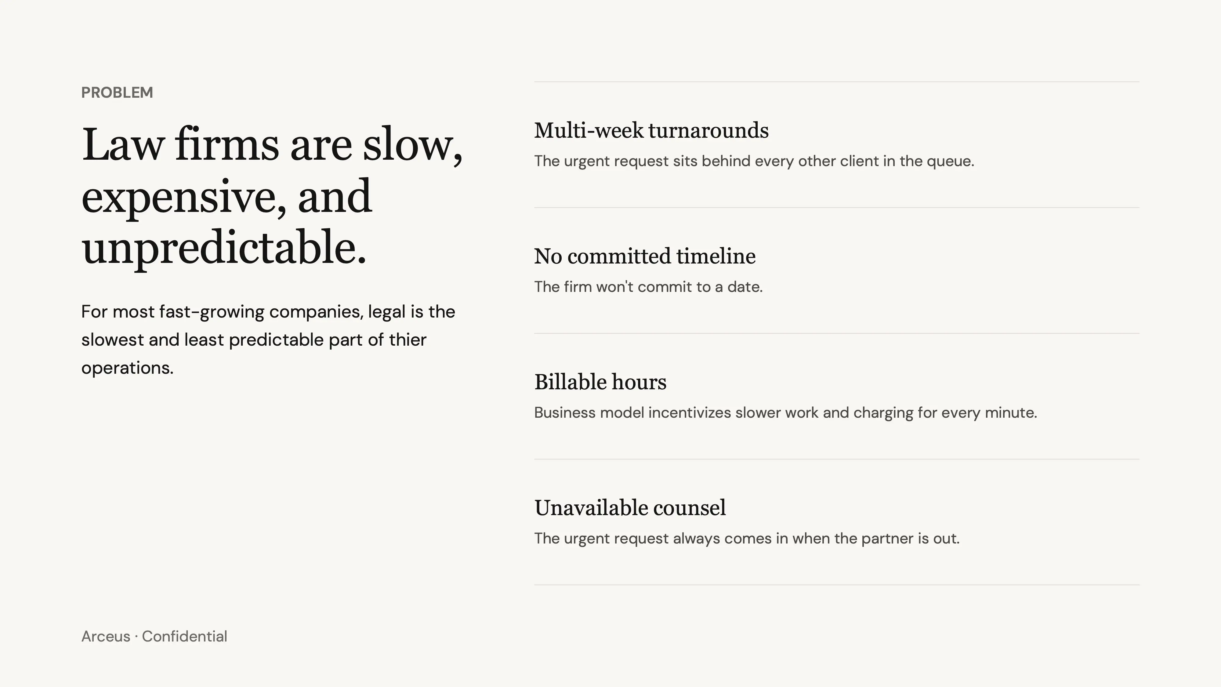 Presentation slide states law firms are slow, expensive, and unpredictable, listing turnaround, timeline, billing, and counsel issues.