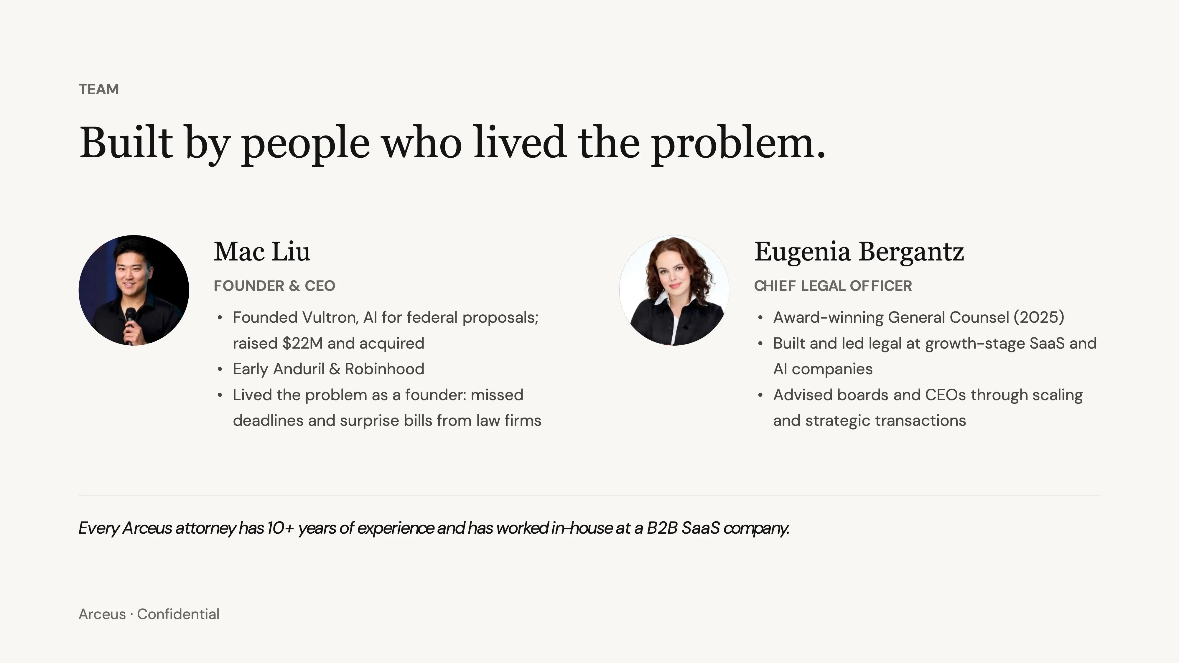 Team slide for Arceus featuring Mac Liu and Eugenia Bergantz with portraits, roles, and career bullet points.