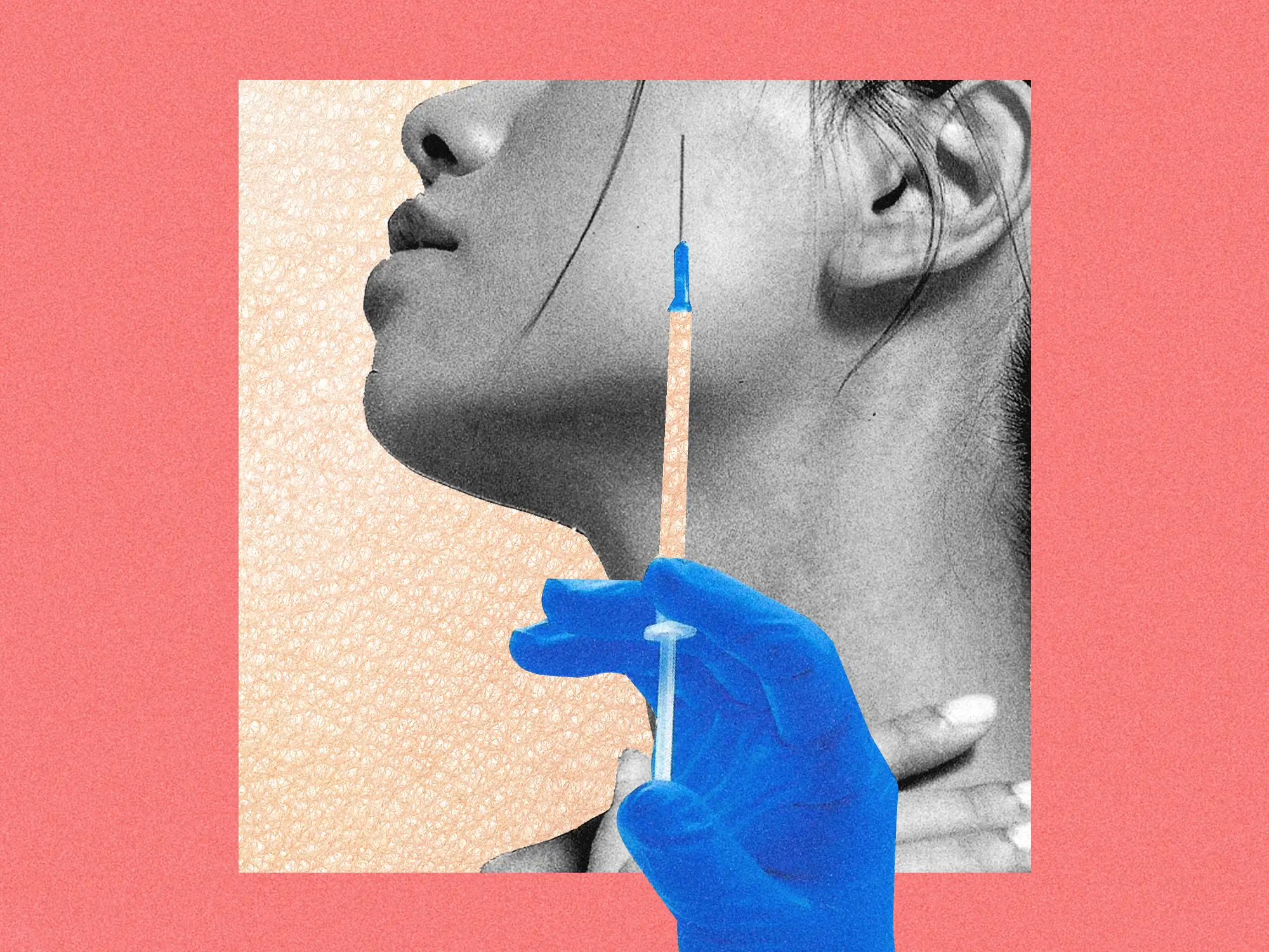Close-up of a woman's face and neck with a blue-gloved hand holding a syringe. The center of the syringe is cut out and filled with a human skin texture