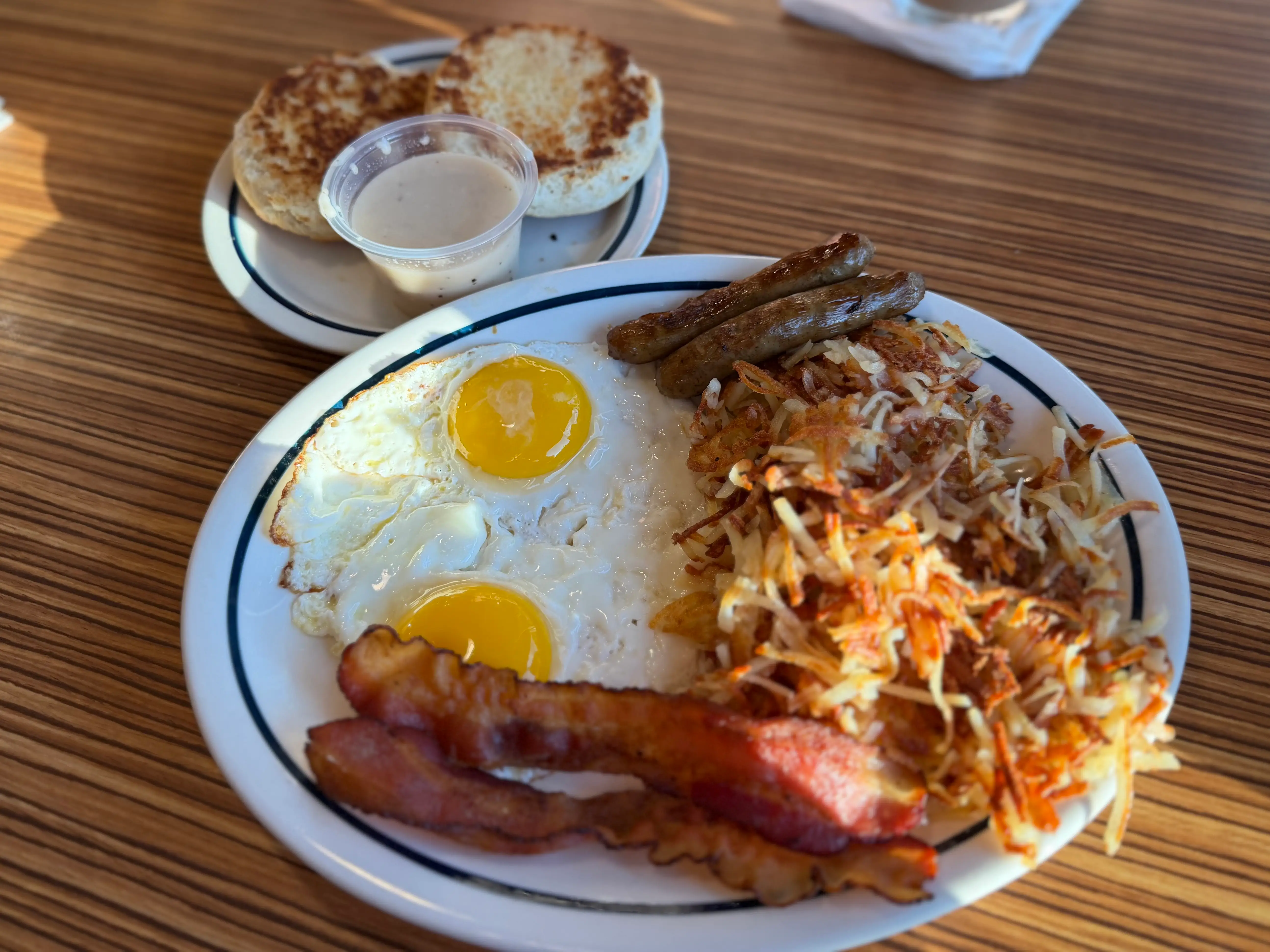 A large plate with two sunny-side-up eggs, two sausage links, two pieces of bacon, and hash browns. A small plate with a biscuit and white gravy on the side.