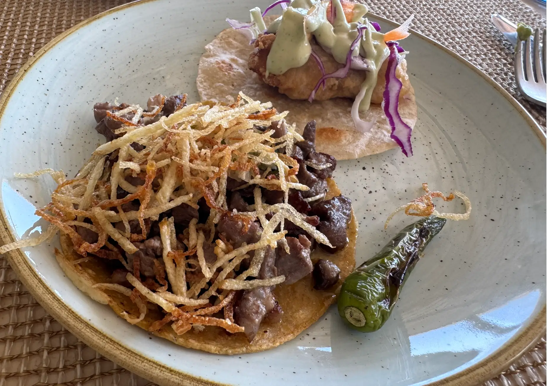 Two tacos on a speckled ceramic plate with crispy garnish, cabbage, green sauce, and a charred pepper.