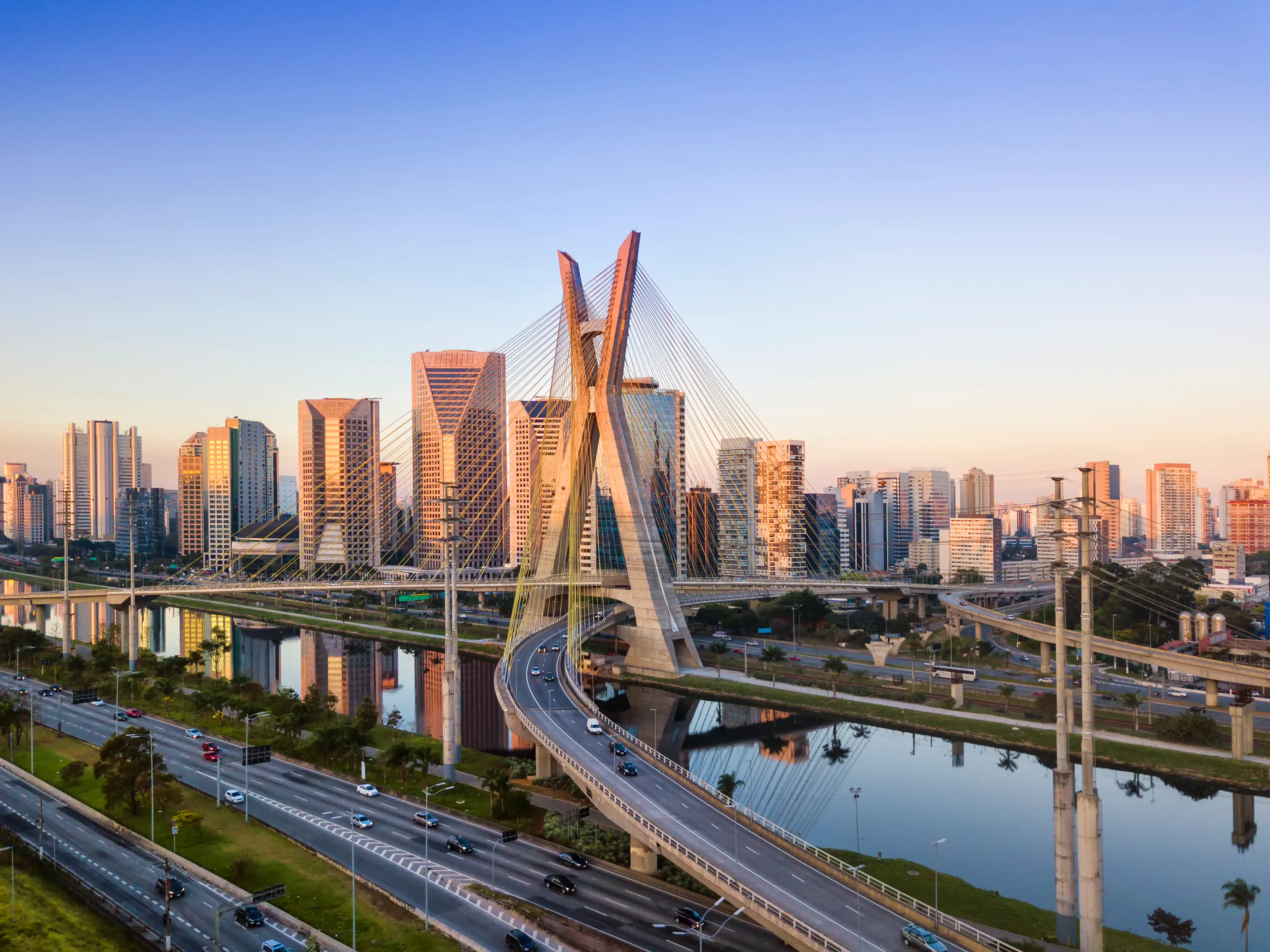 Aerial view of the famous cable-stayed bridge of Sao Paulo city.
