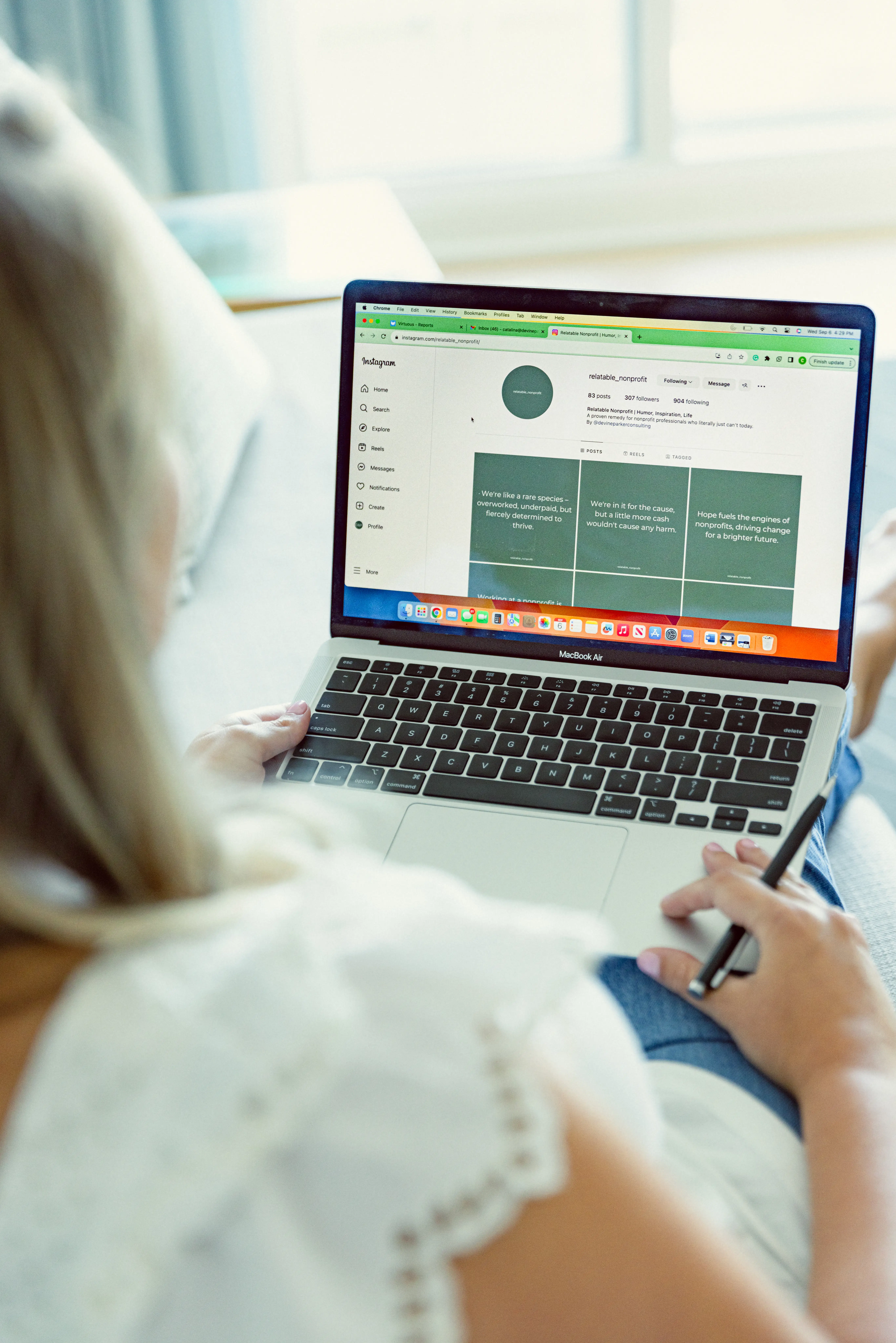 Catalina Parker, founder of Relatable Nonprofit, looks at her computer.
