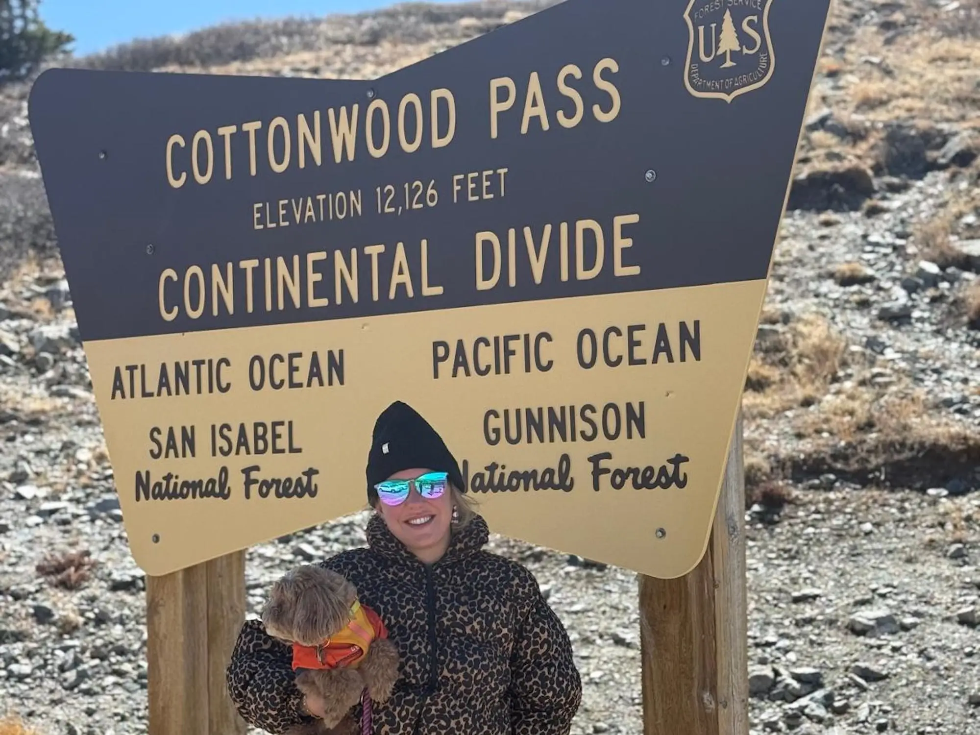 Person holding a dog stands beneath the Cottonwood Pass Continental Divide sign in a rocky mountain landscape.