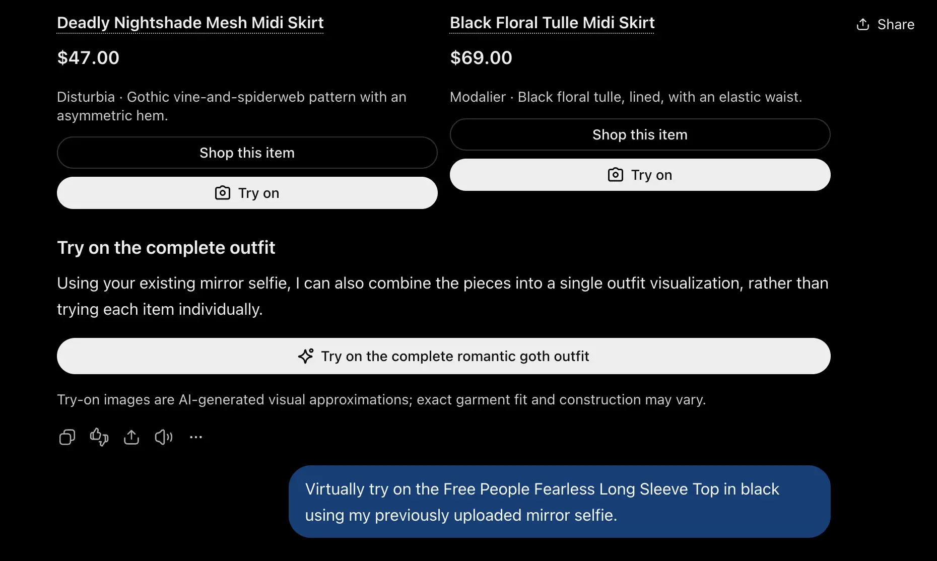 Dark shopping interface shows skirt items with try-on buttons and a prompt about a Free People top.