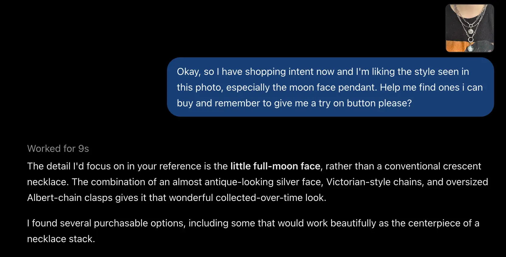 Dark chat screenshot discusses shopping for a moon face pendant necklace, with a small jewelry reference thumbnail visible.