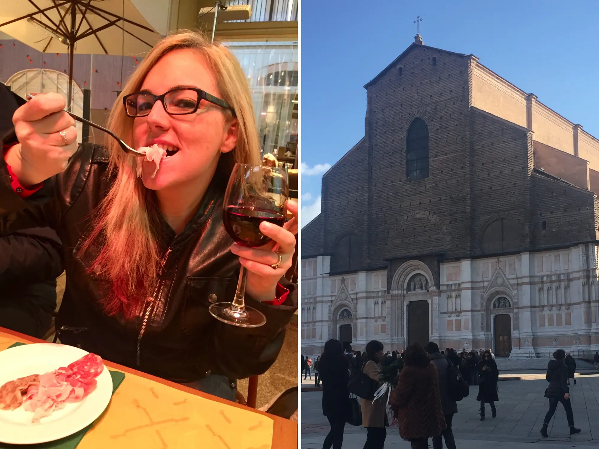 A side-by-side image of the writer eating charcuterie and holding a glass of wine, and an image of a piazza in Bologna, Italy.