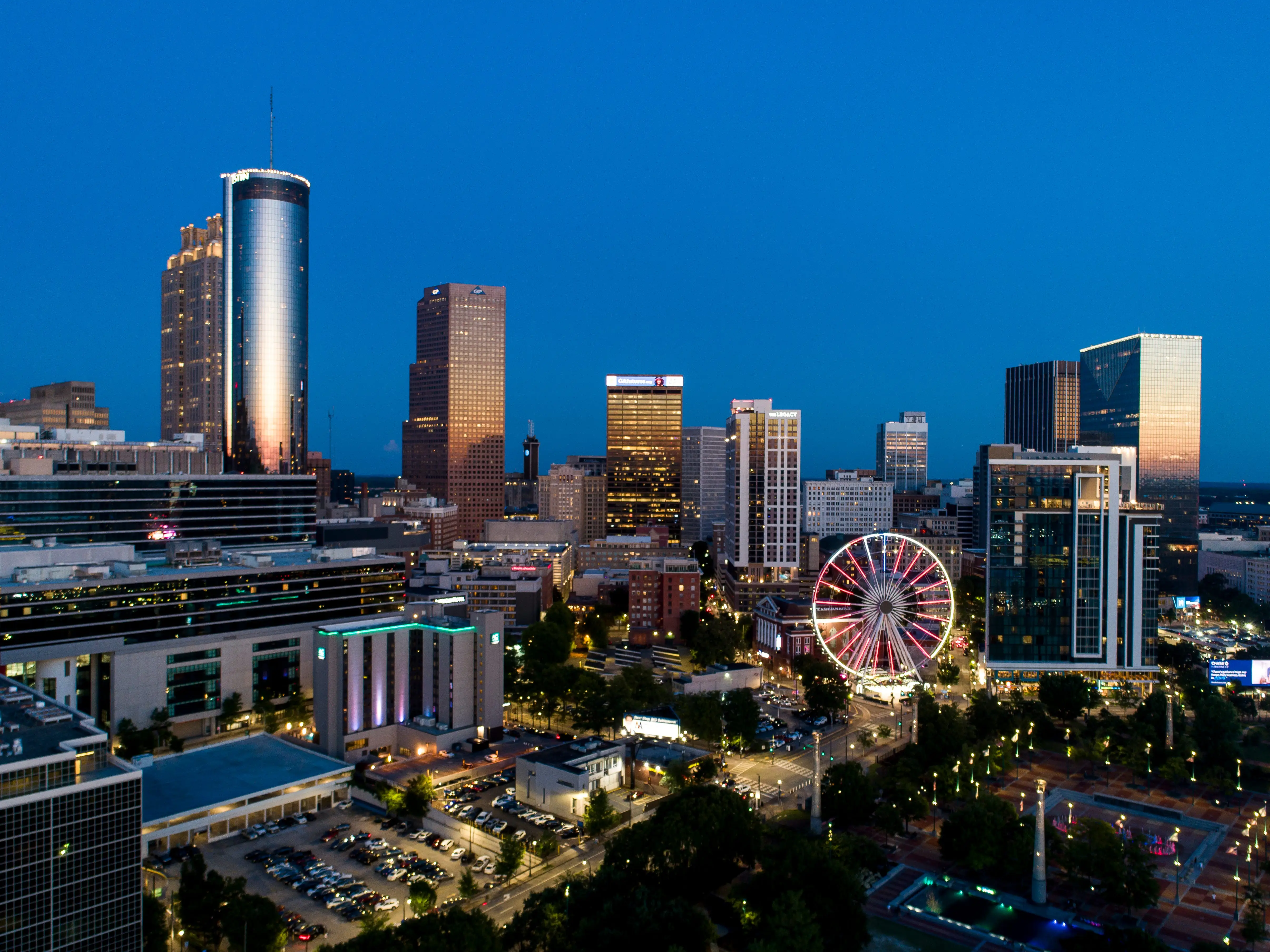 A skyline at sunset.